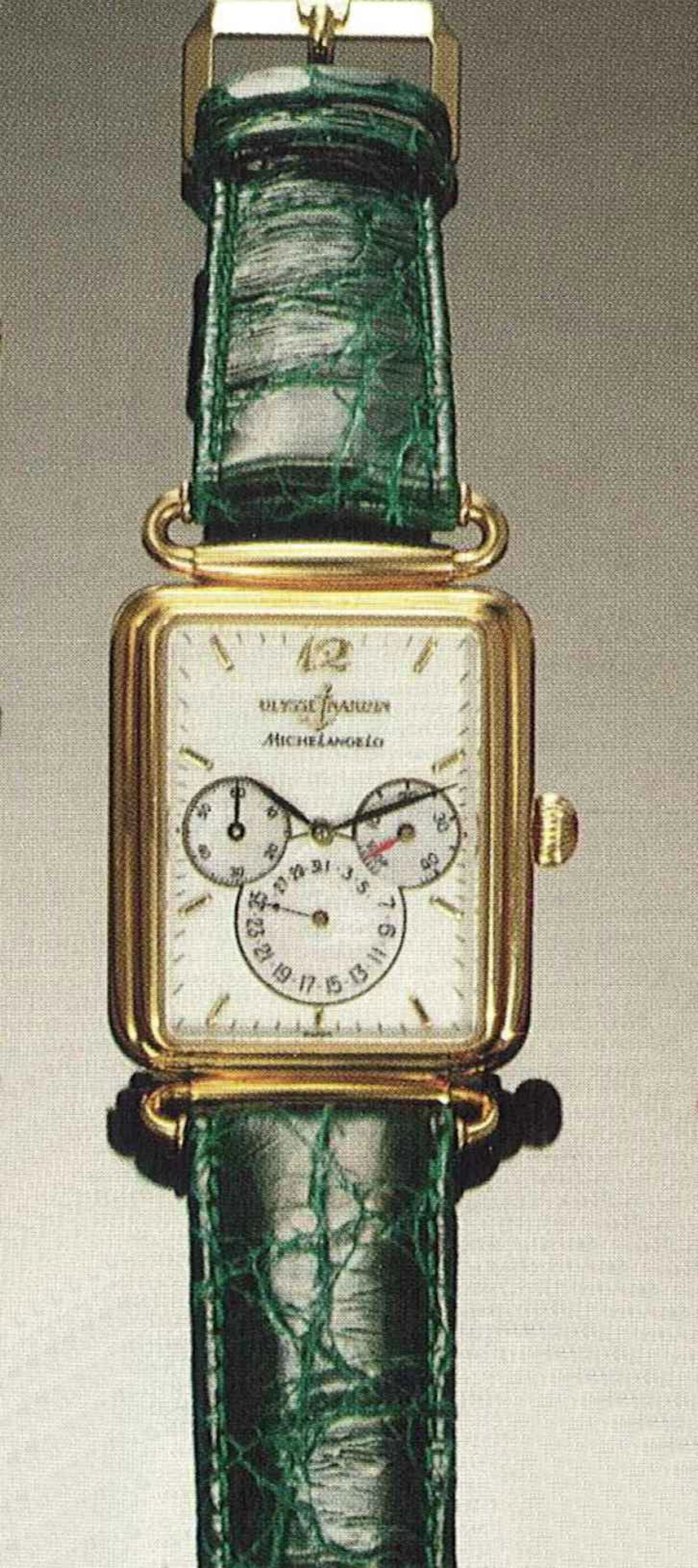 Ulysse Nardin, Michelangelo, recente. Interessante orologio rettangolare da polso, per uomo, in oro 18 ct., calendario, riserva di carica, automatico, impermeabile.