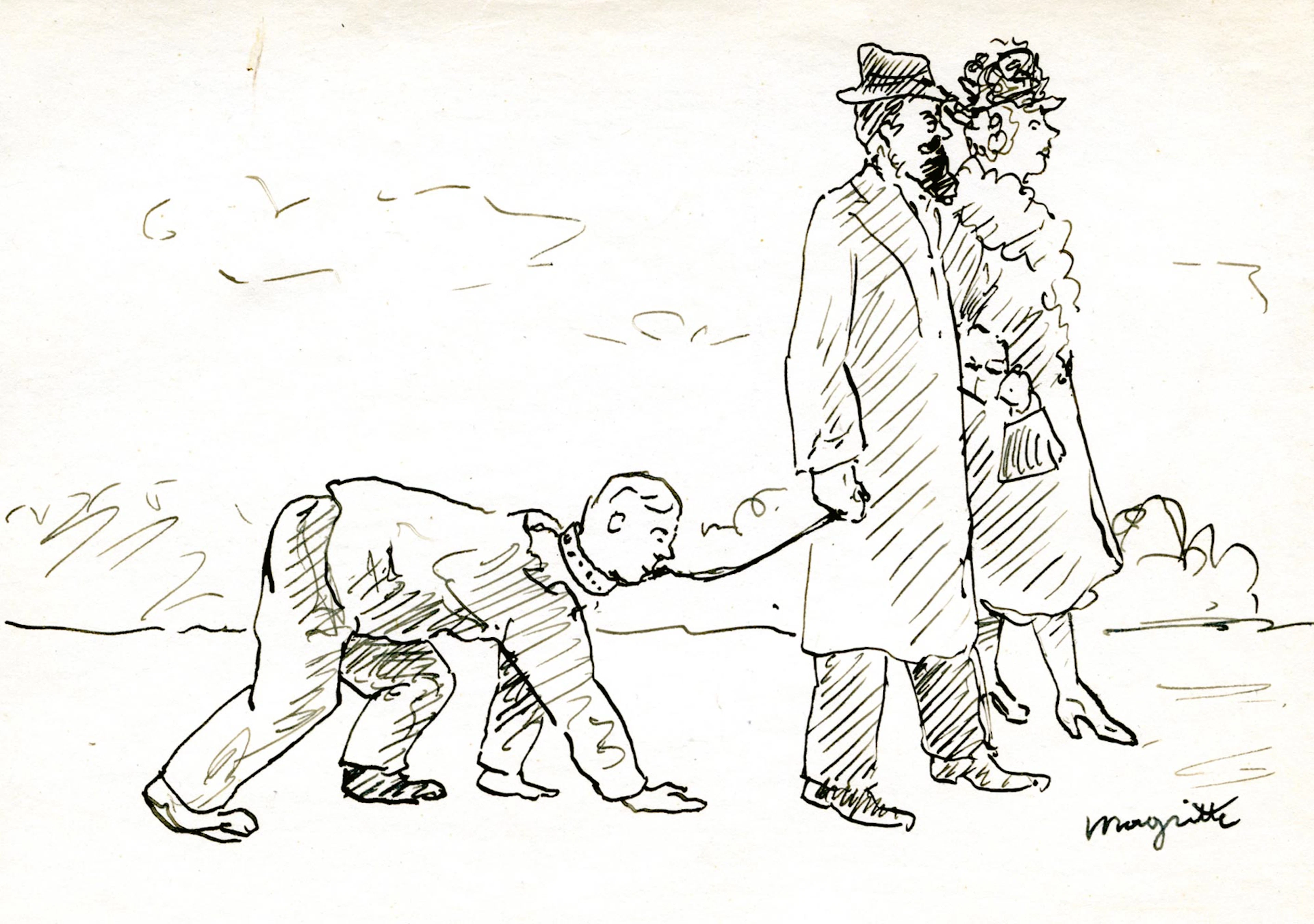 MAGRITTE René. PROMENADE À TROIS. LES PROMENEURS. DESSIN ORIGINAL SIGNÉ. Cir