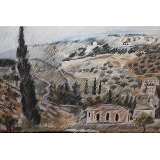Pastel drawing, Continental landscape, indistinctly signed, ...