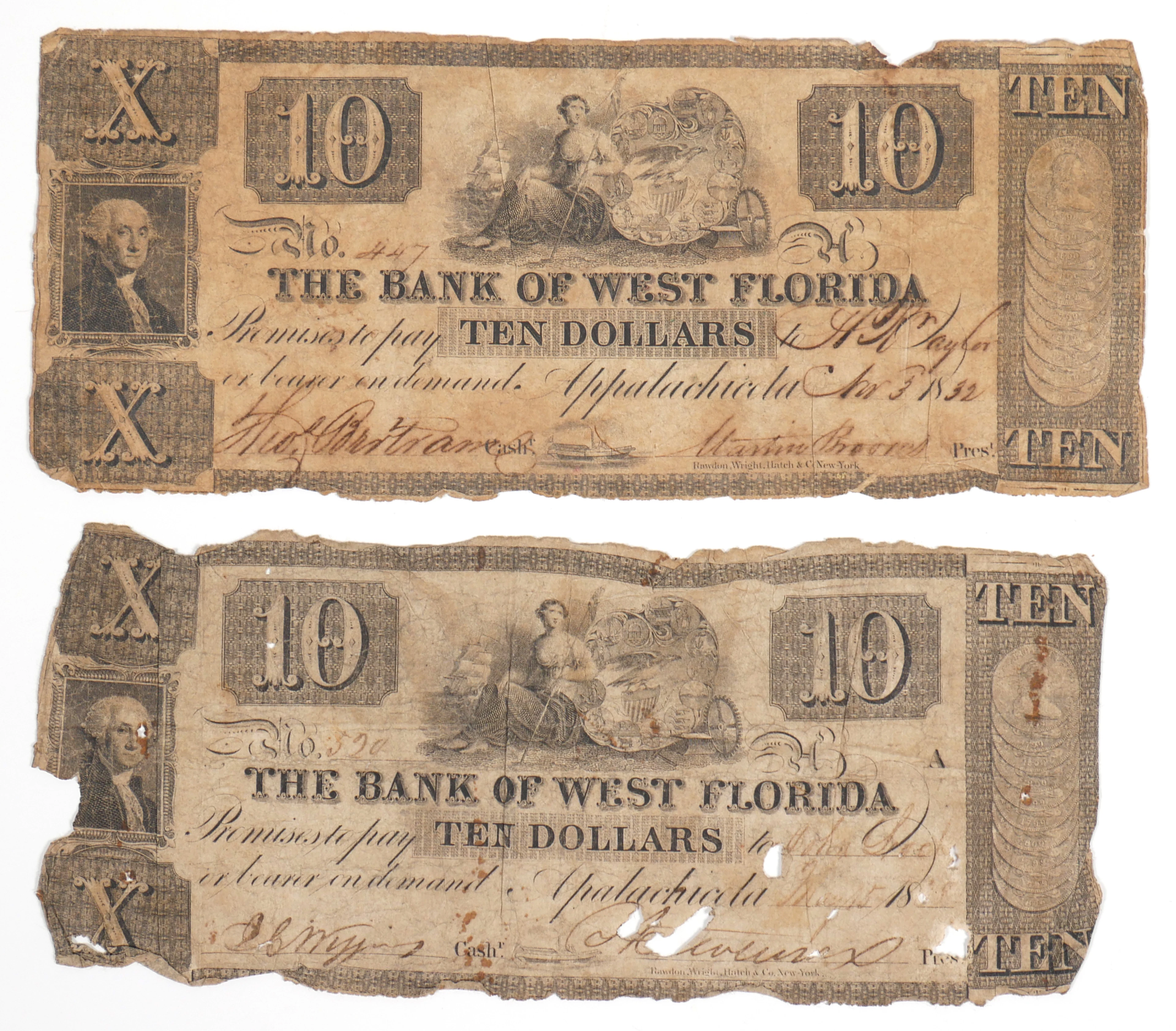 (2) $10 Bank of West Florida Notes, 1830s