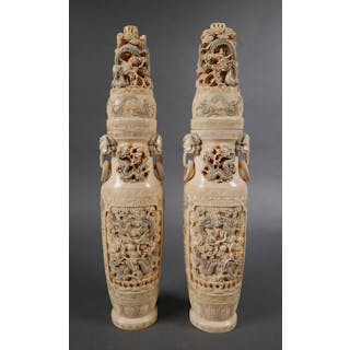 Pair 19C Chinese Ivory Lidded Urns, Signed