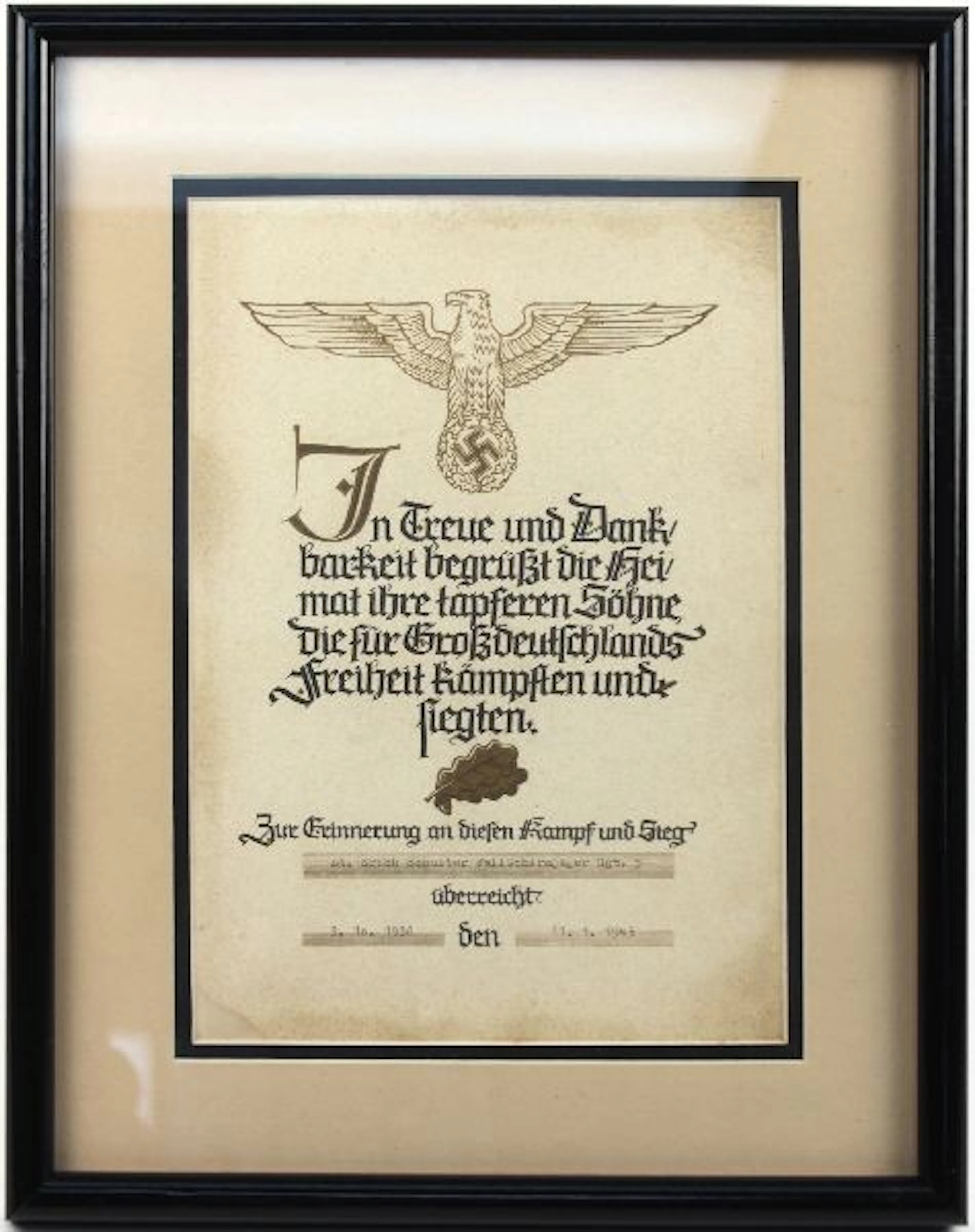 Named german third reich commerative certificate