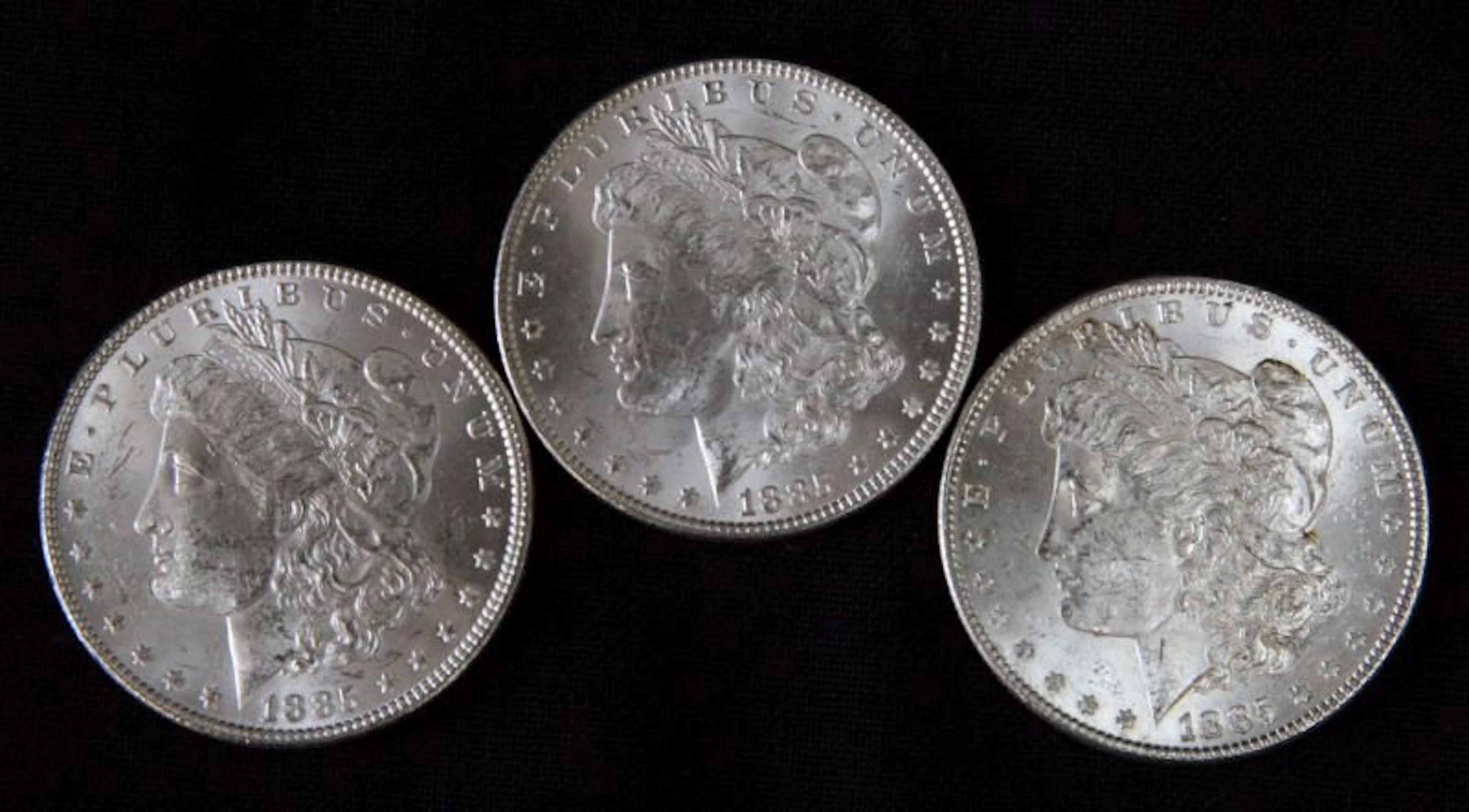 1885 3 morgan silver dollars mint state bu coins