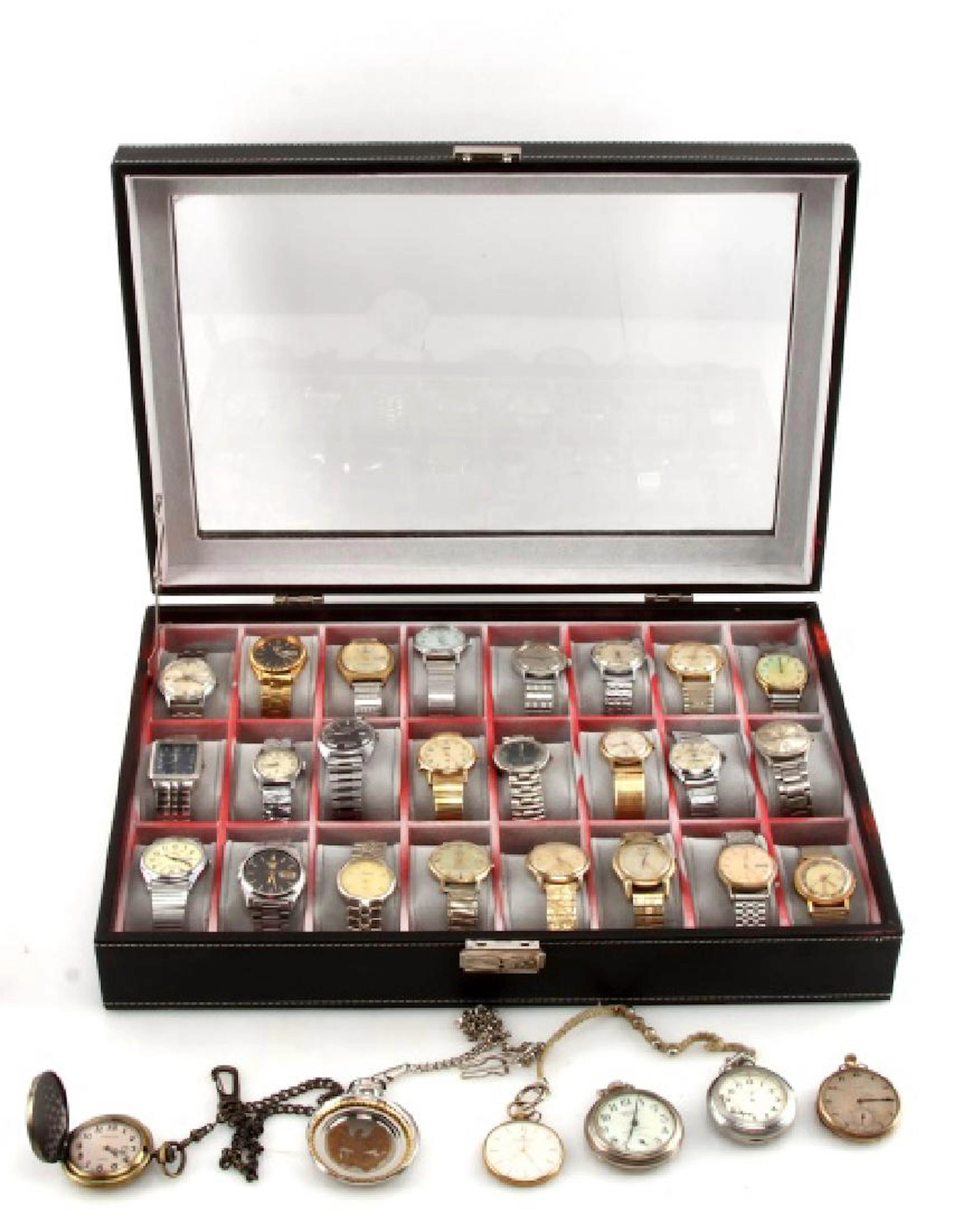 Vintage men's wrist and pocket watches in case