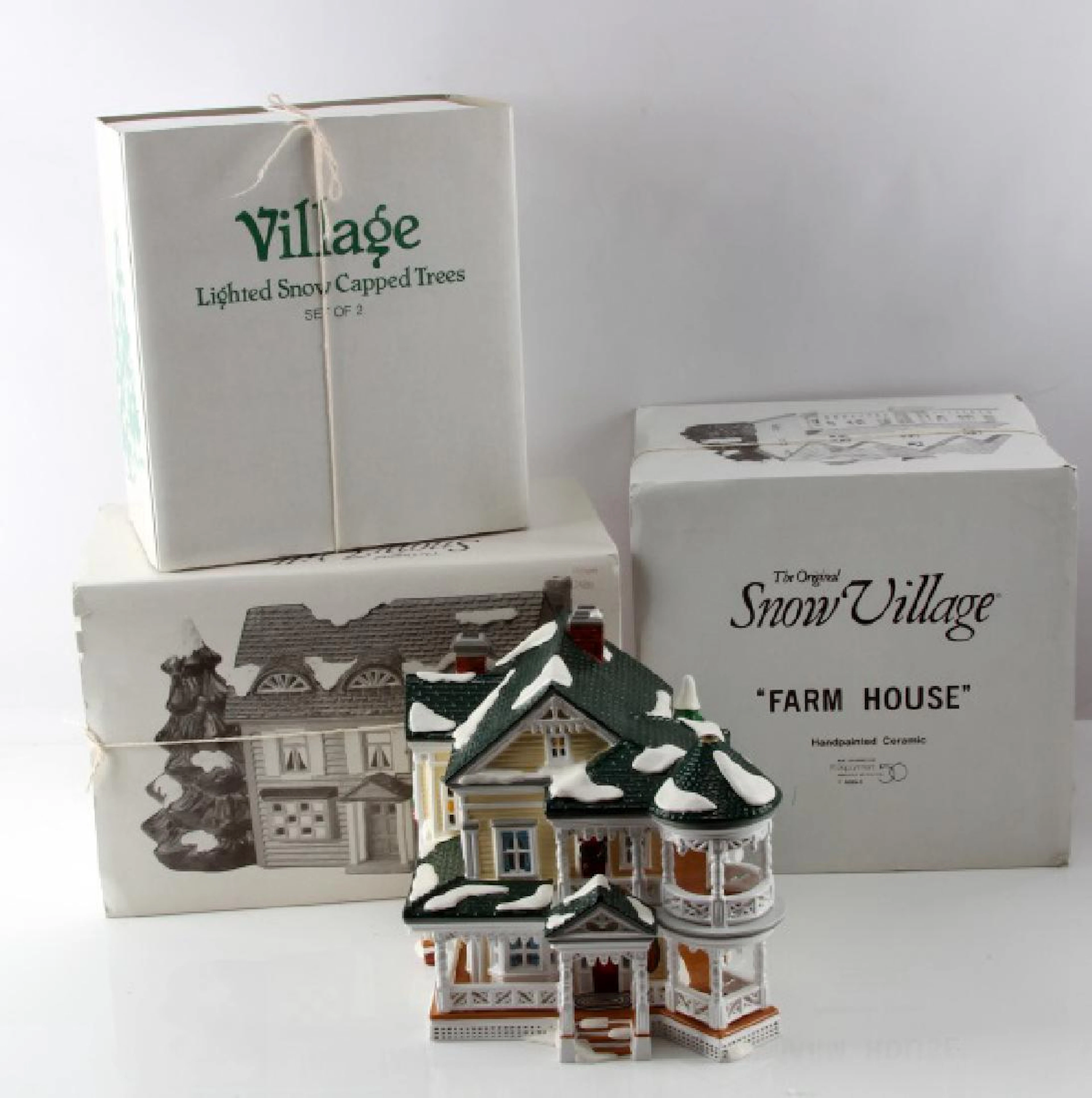 Snow village ceramic lot farm house trees gothic