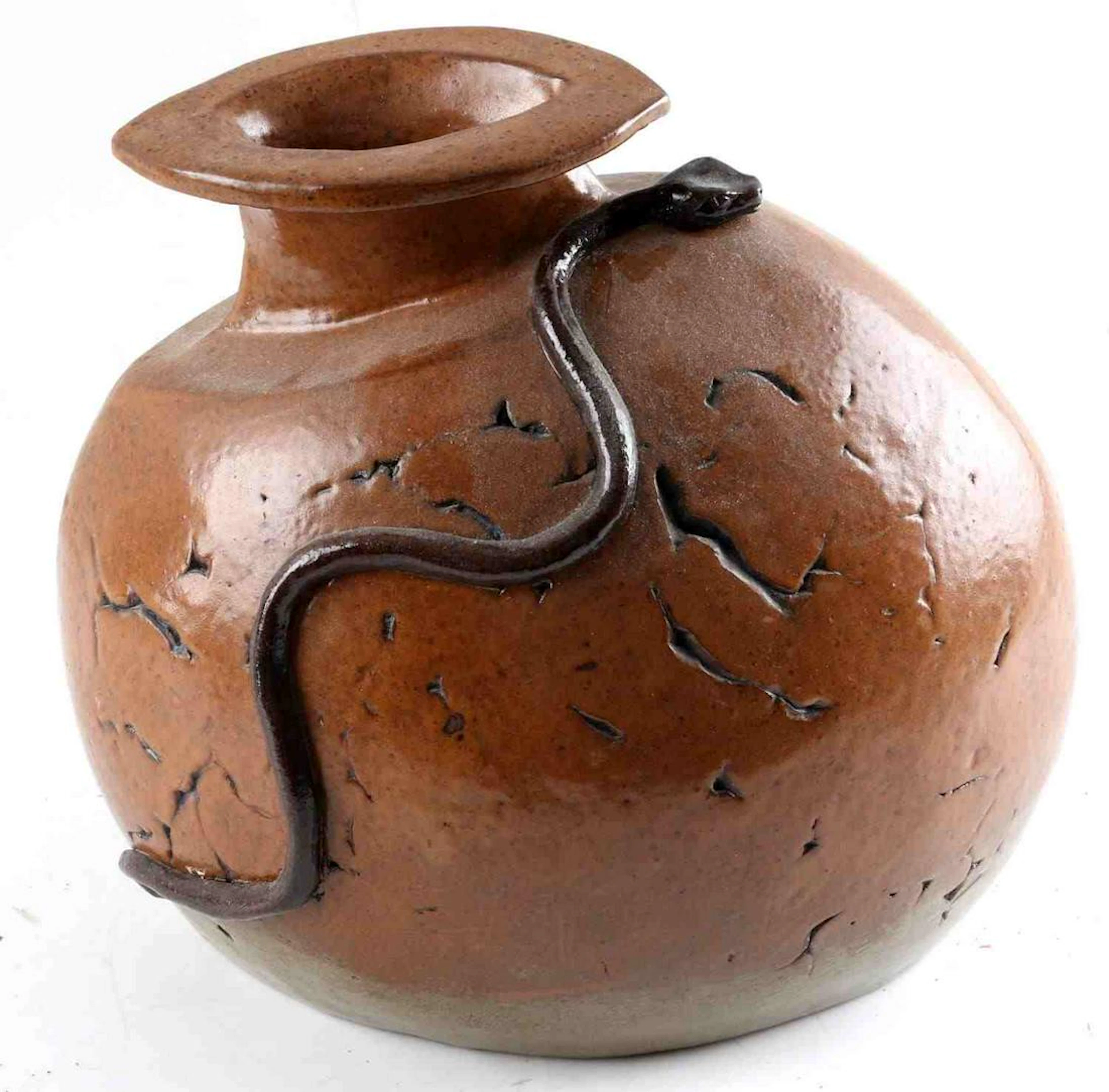 Glazed pottery asymmetrical pot with snake decor