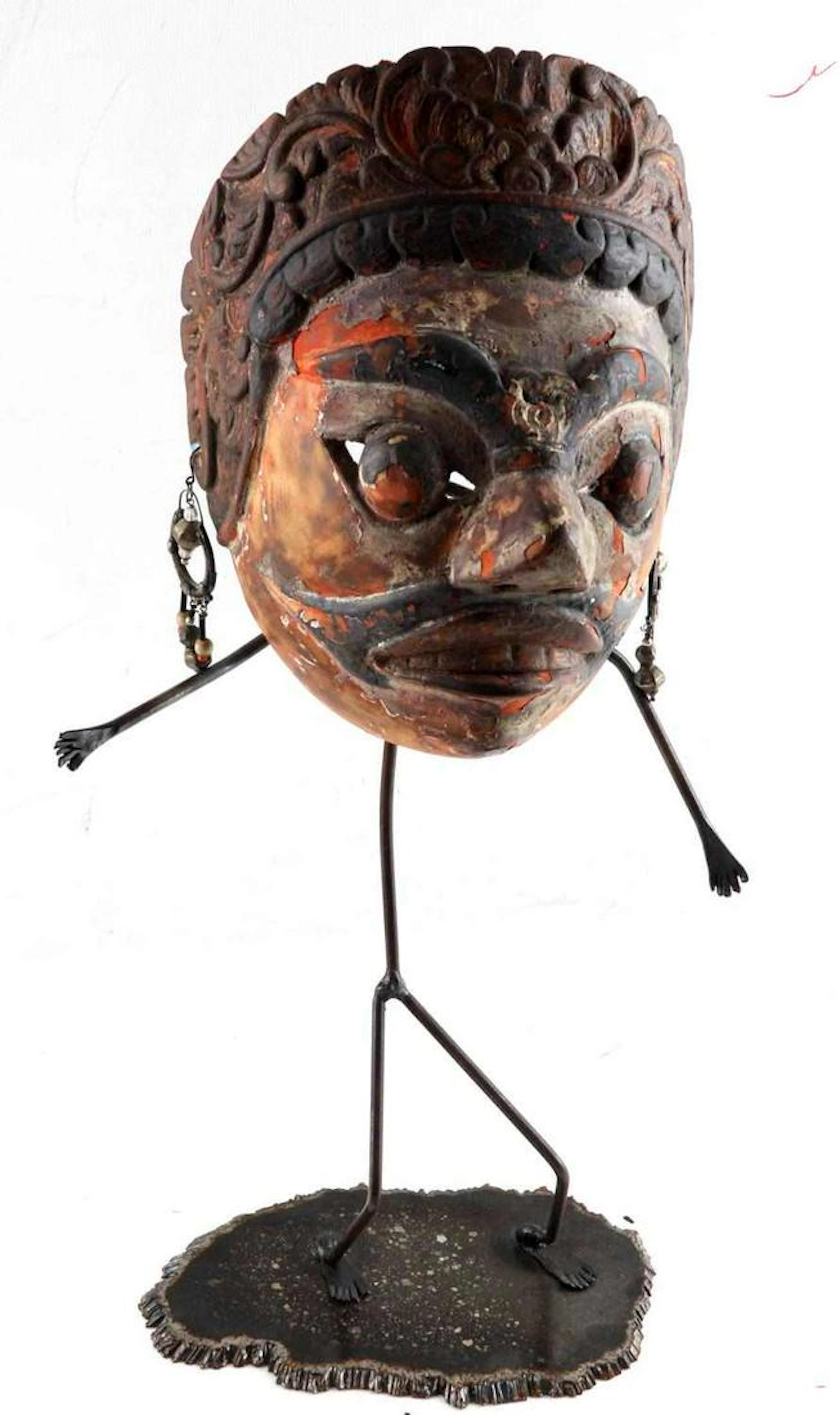 Wooden balinese tribal mask metallic body & base