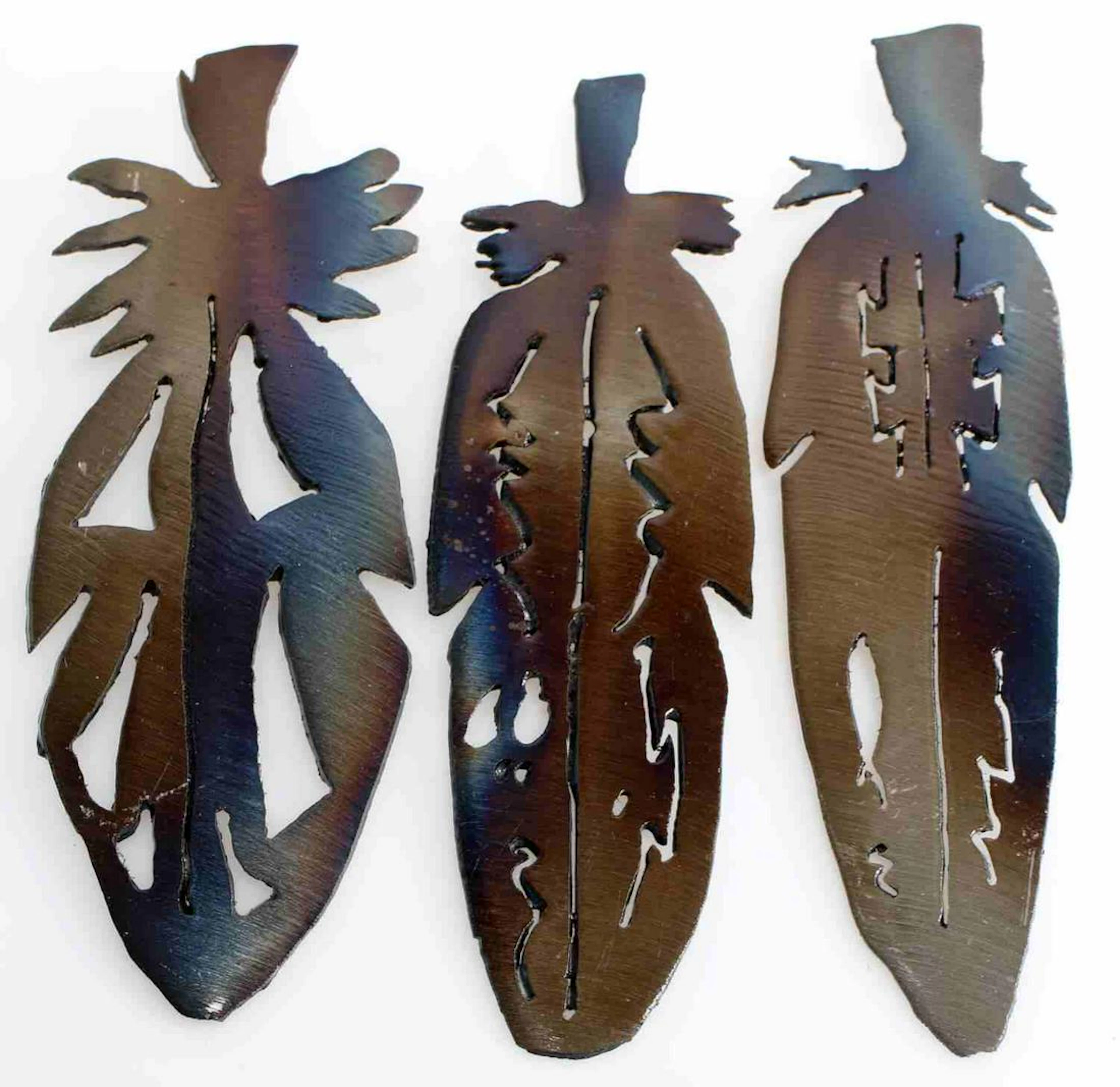 Heat colored steel feather wall art pieces