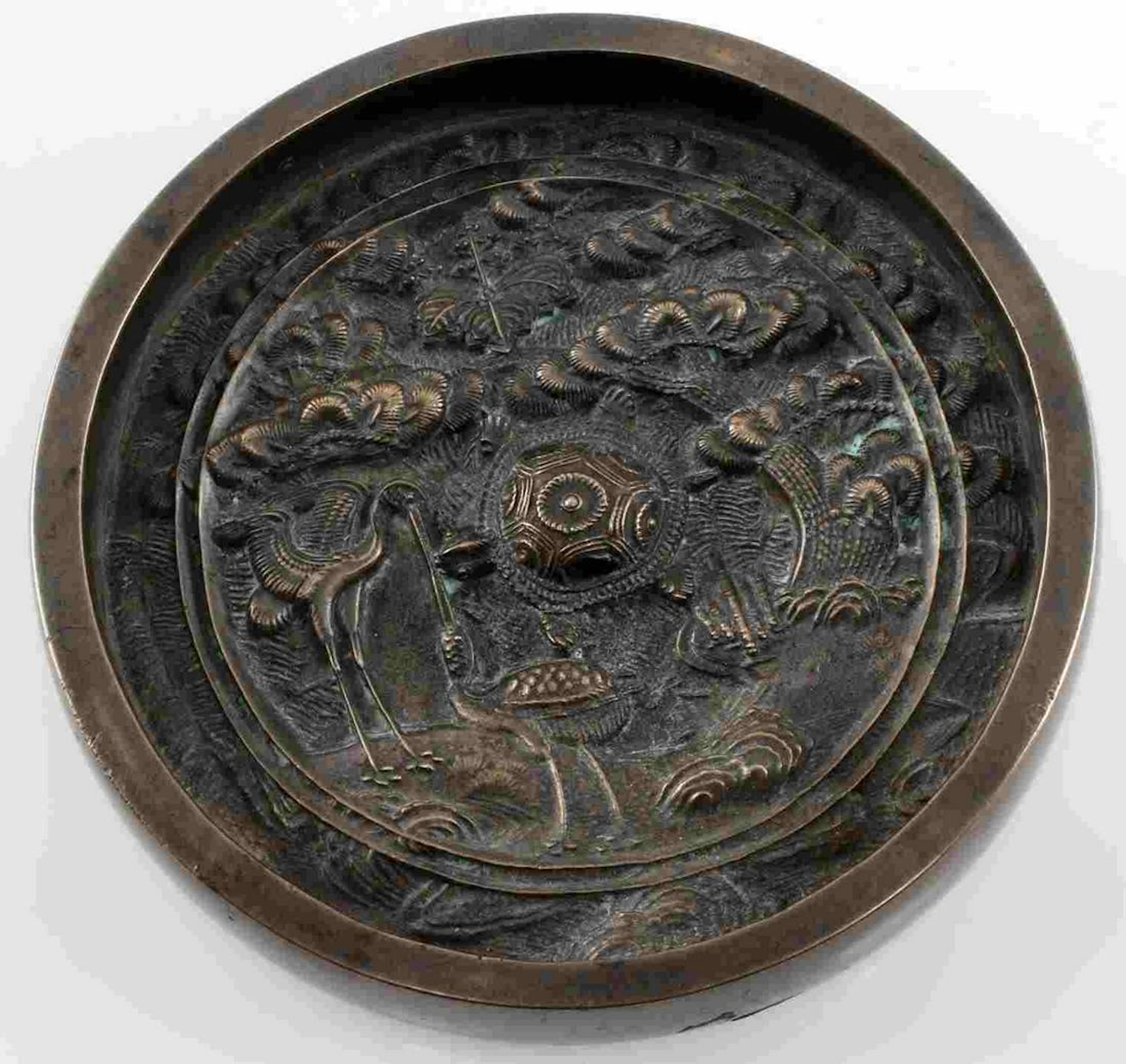 Hand carved japanese edo period mirror bird turtle