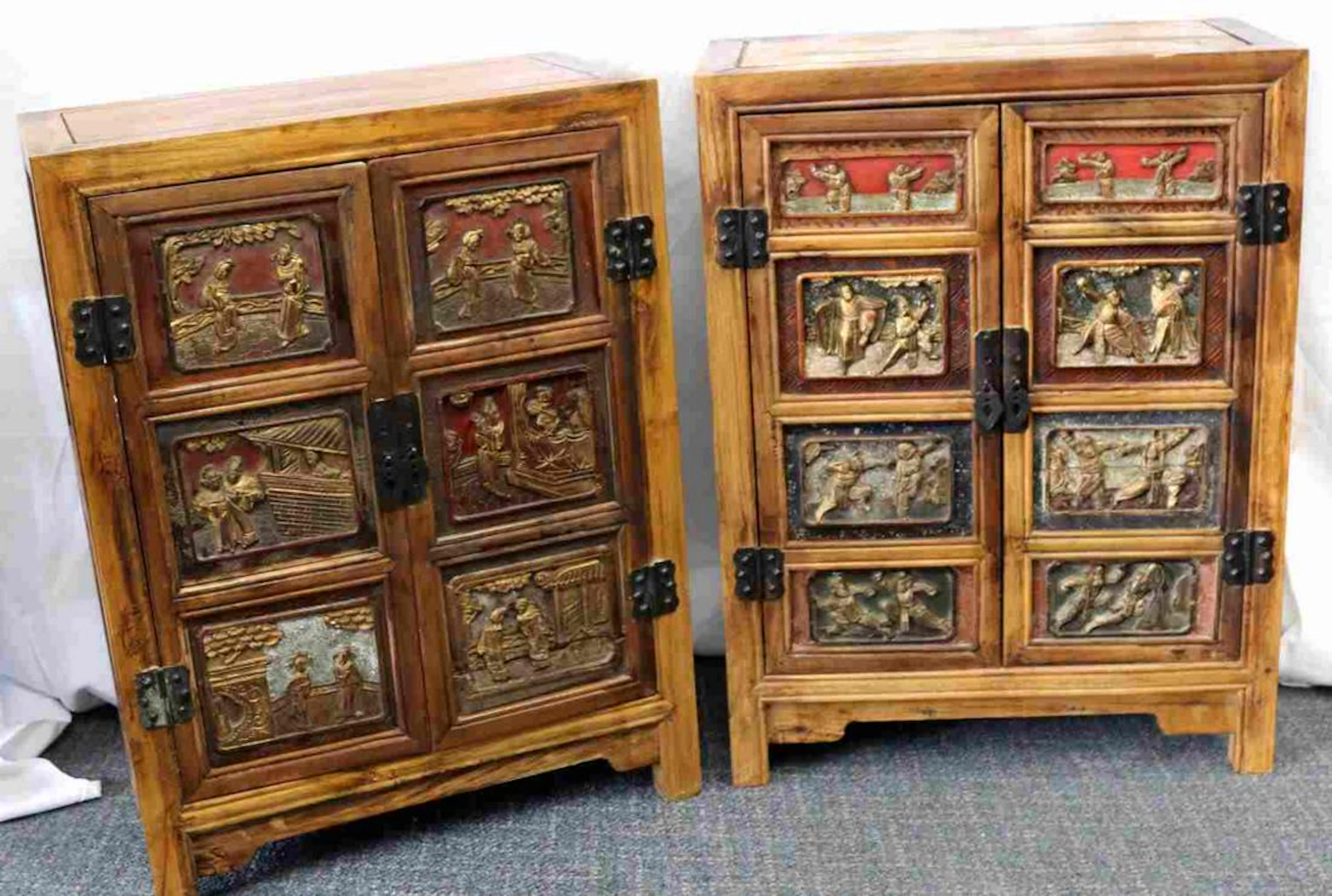 Pair light wood asian side tables w figural panels