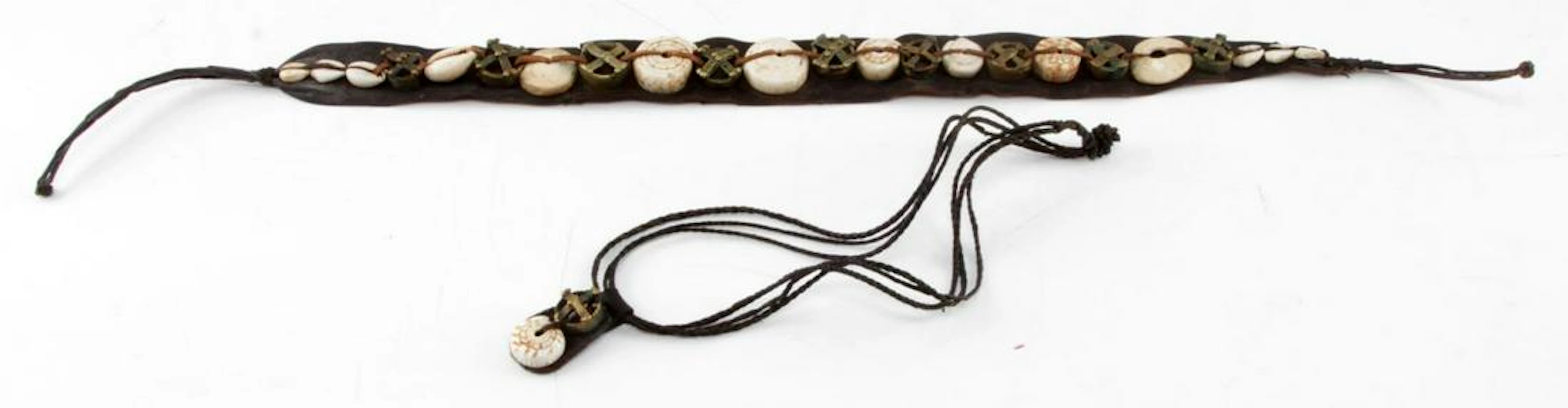 African hat band with necklace shell and brass