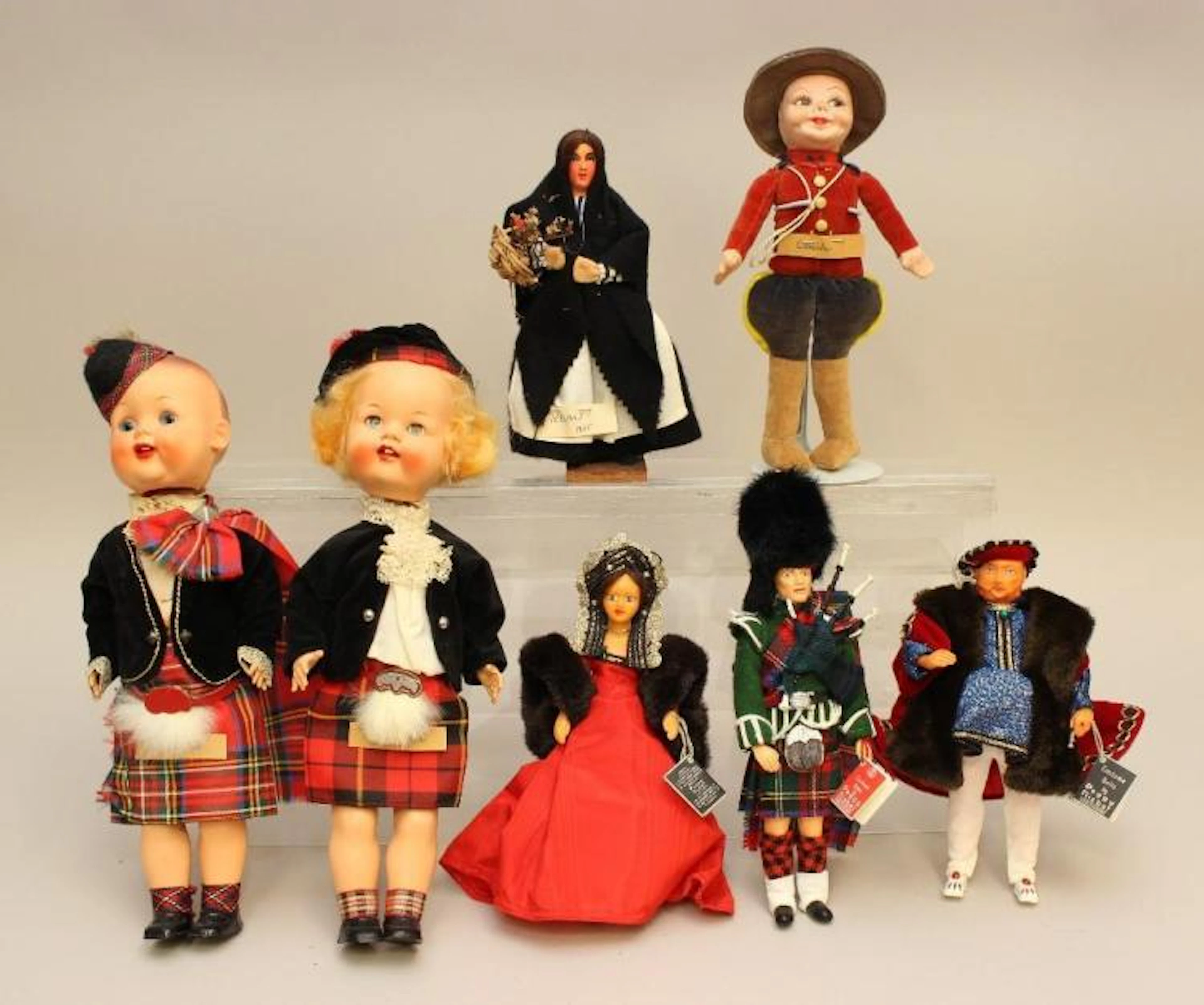LOT OF (7) ALL ORIGINAL BRITISH ISLES/RELATED DOLLS: SCOTLAND, IRELAND, CANADA.