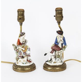 Vintage Pair Dresden Figural Porcelain Lamps Mid 20th Century