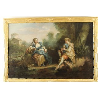 Antique Oil Painting Manner of Jean-Antoine Watteau The Serenade Early 19Th C