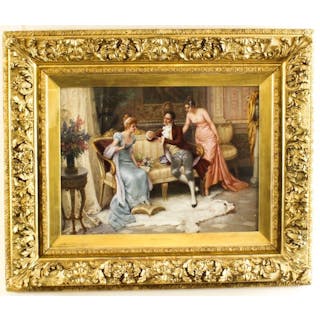 Antique Oil Painting "The Necklace" C Ferranti Roma 19th C