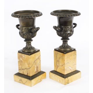 Antique Pair Grand Tour Borghese Bronze & Siena Marble Campana Urns 19th C