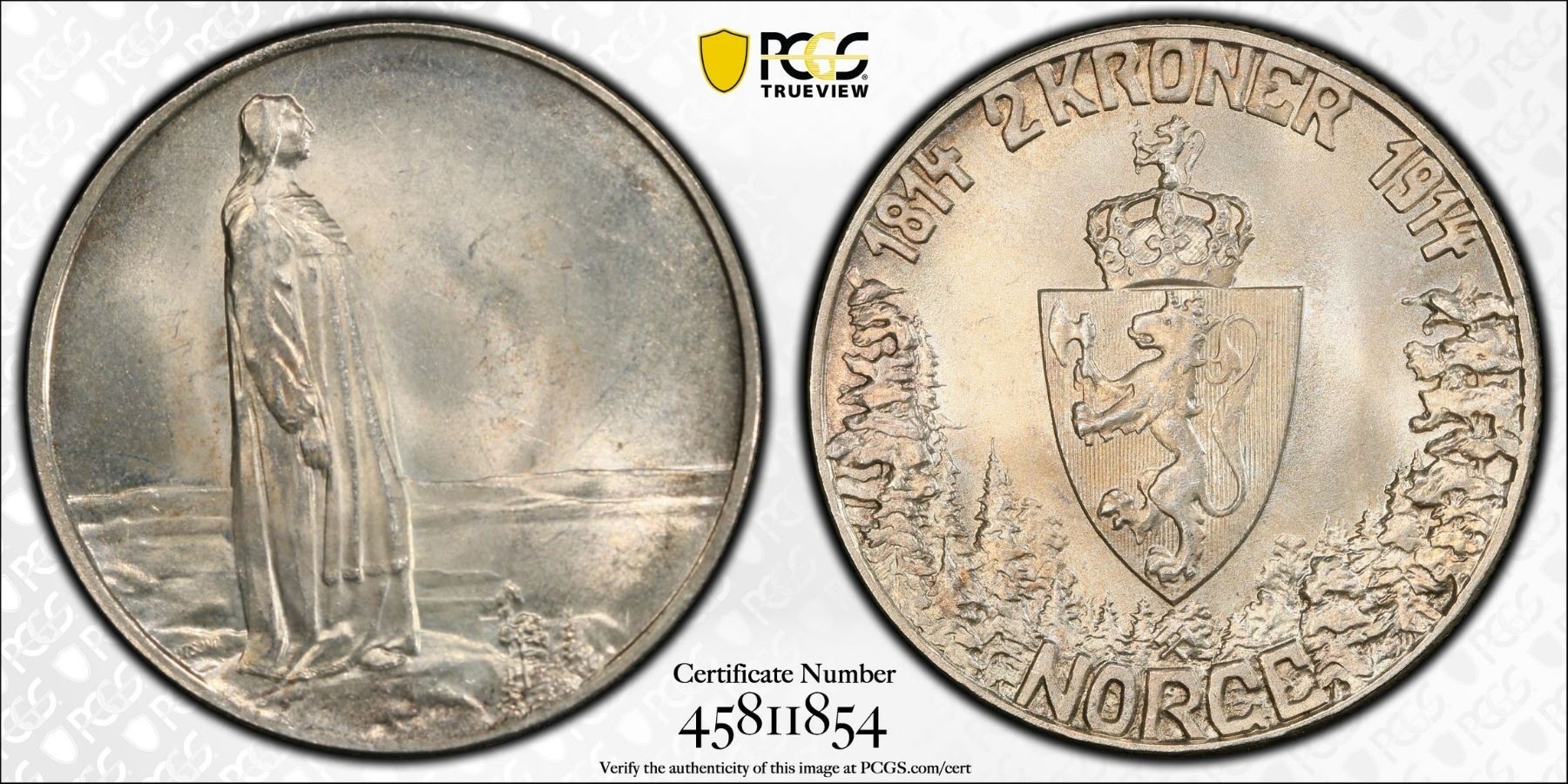 NORWAY: Haakon VII, 1905-1957, AR 2 Kroner, 1914, PCGS MS65 | Barnebys