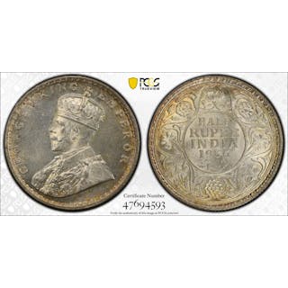 BRITISH INDIA: George V, 1910-1936, AR 1/2 rupee, 1936(c), PCGS MS65