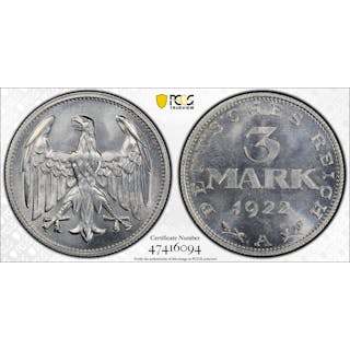 GERMANY: Weimar Republic, 3 mark, 1922-A, PCGS MS66