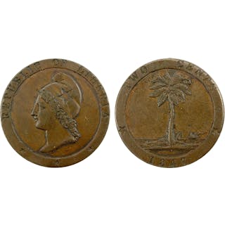 LIBERIA: Republic, AE 2 cents, 1847, VF