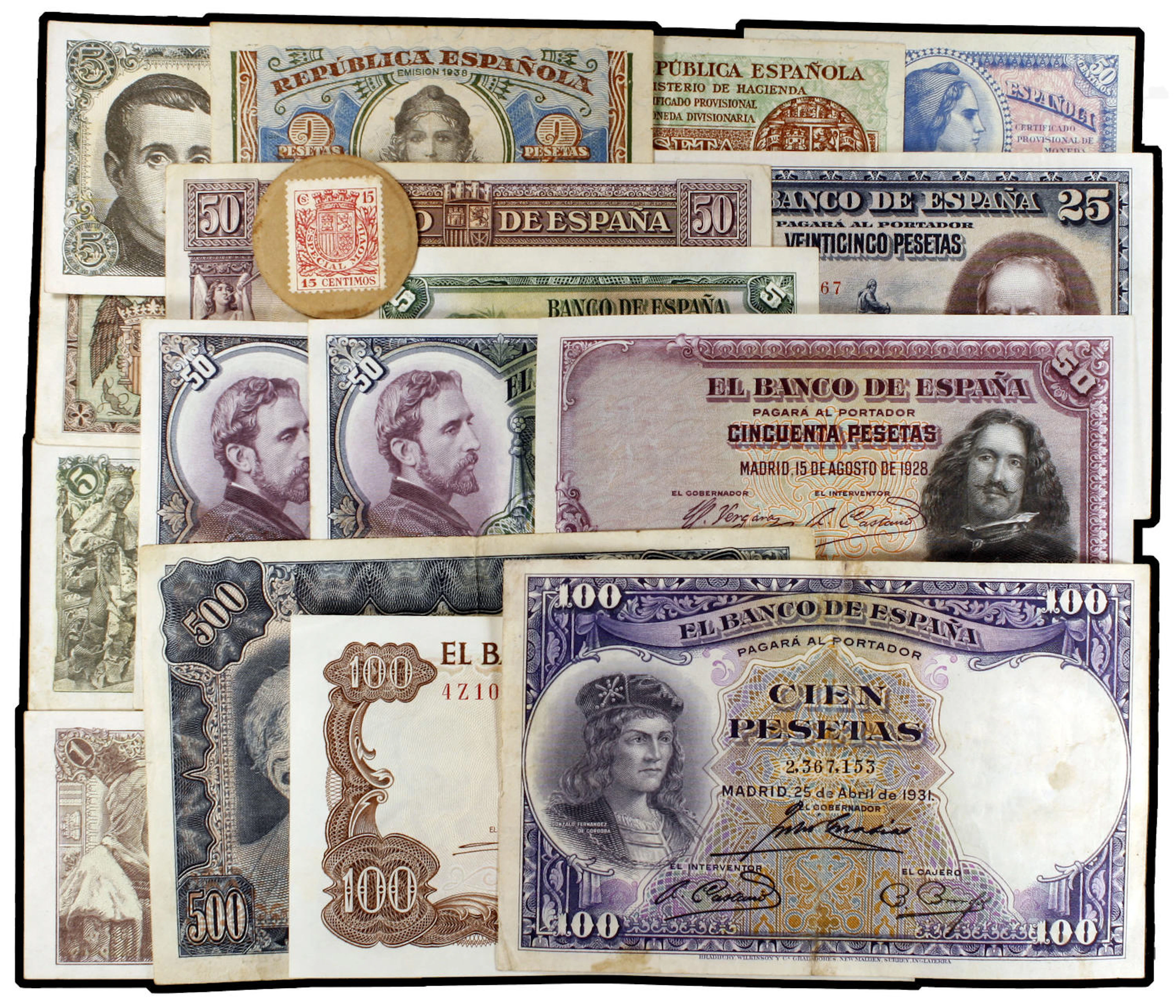 Lote de 16 billetes españoles y un cartón con sello pegado