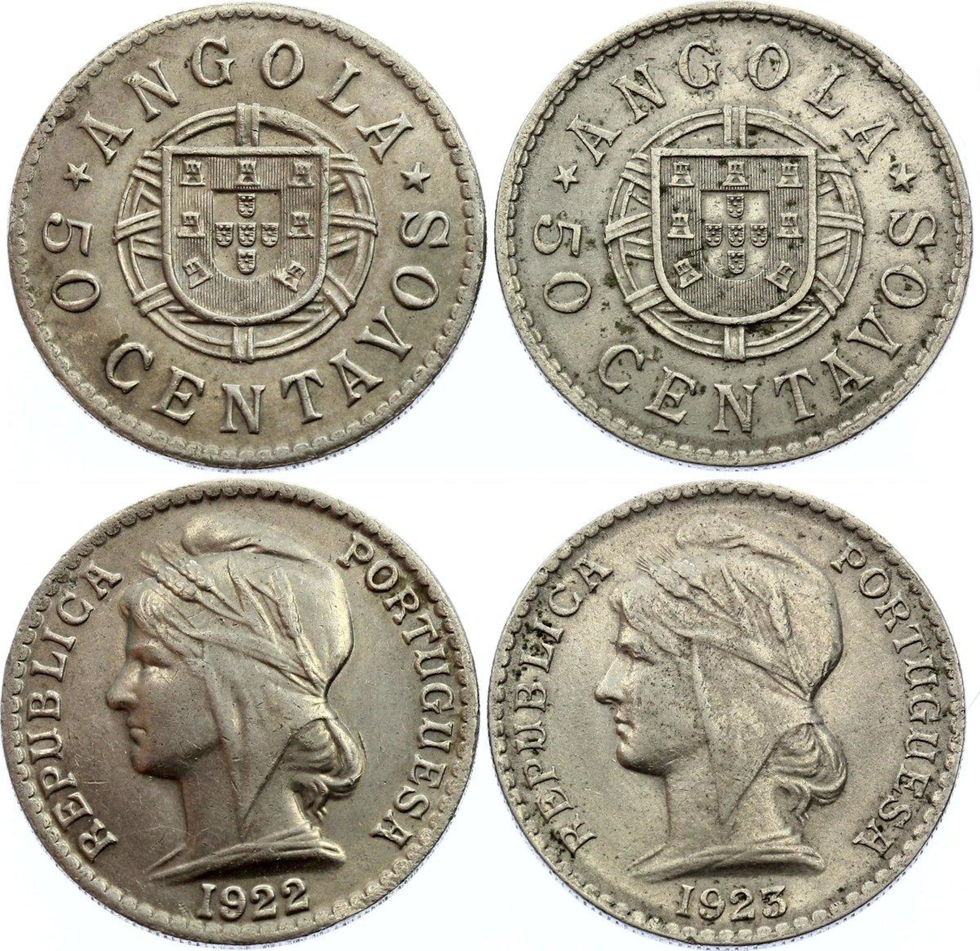 Angola Lot of 2 Coins 50 Centavos 1922 & 1923