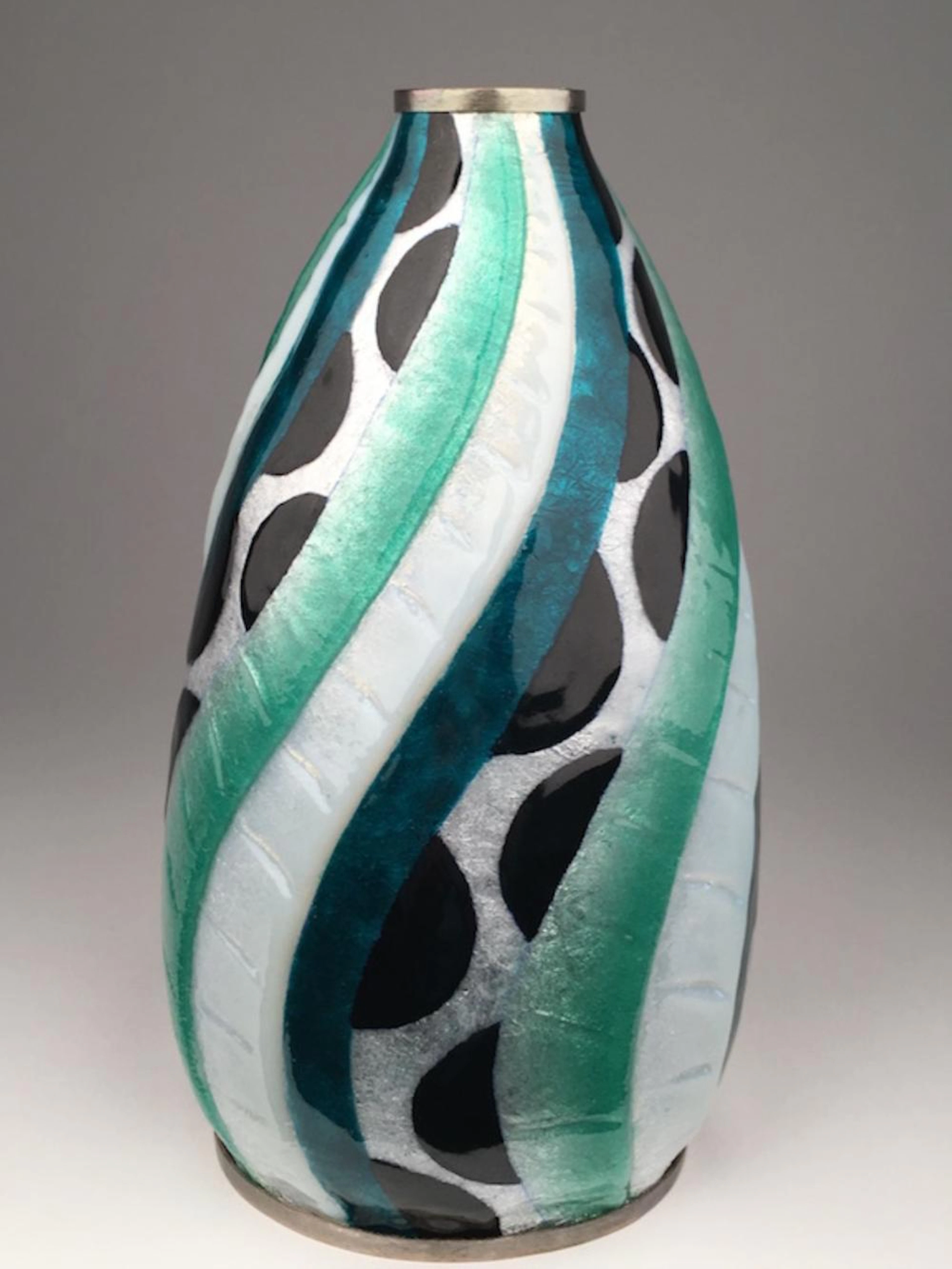 Camille Faure technique Limoges enamel in a geometic shape on copper vase