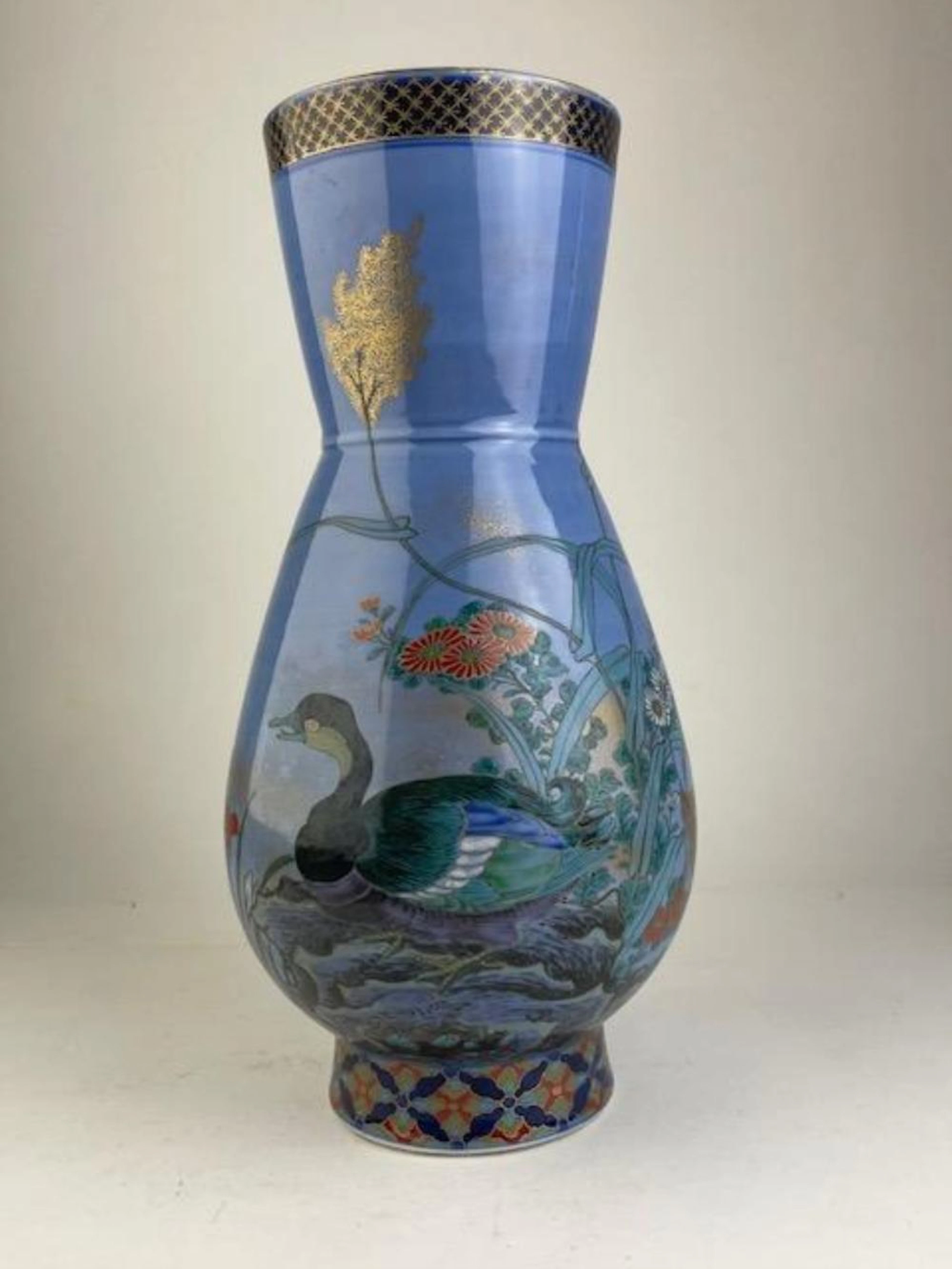 Japanese Fukagawa porcelain vase with birds, ducks and flowers with gold gilt o