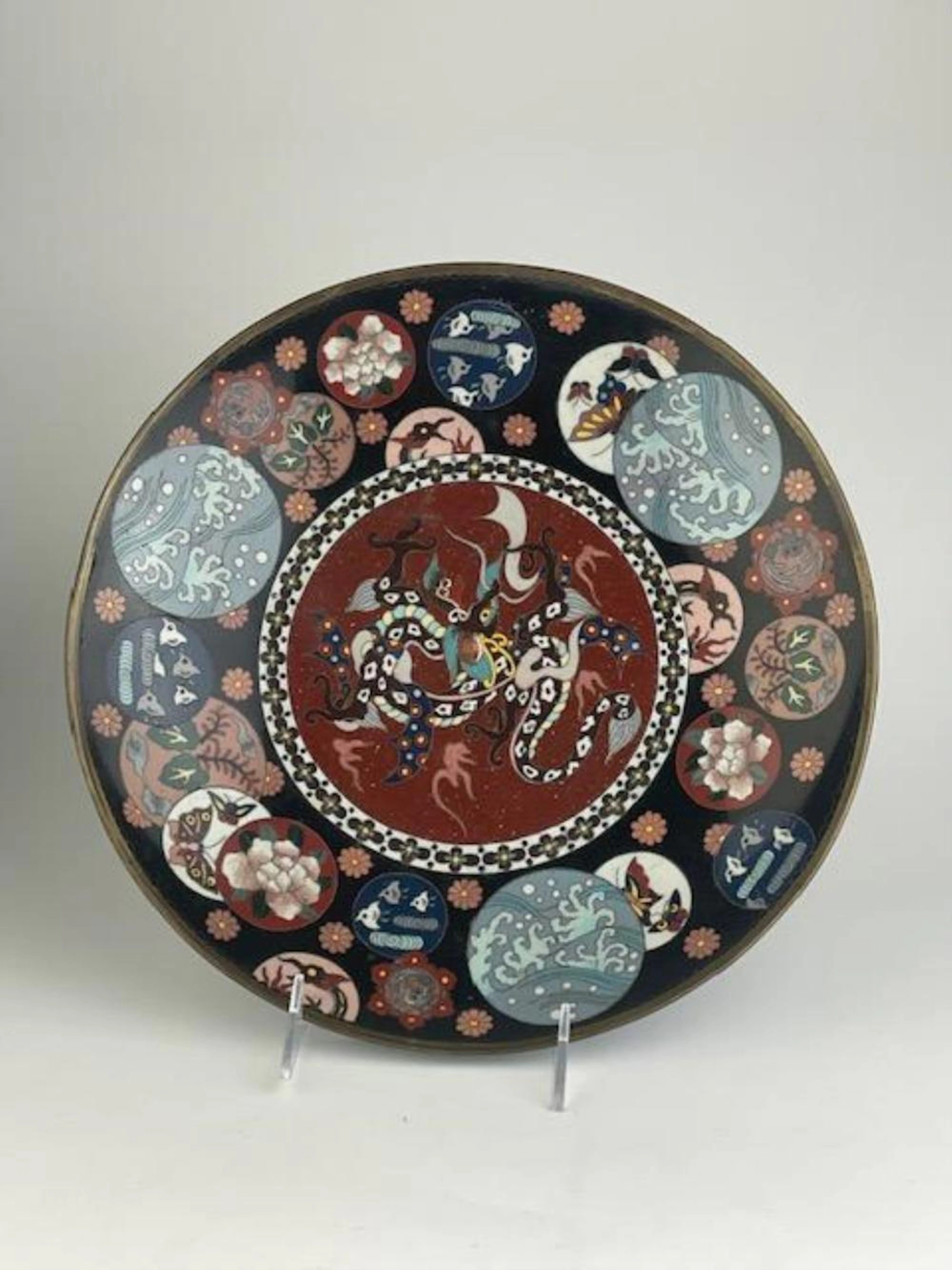 Chinese antique goldstone cloisoinne dish decorated with a large central drago