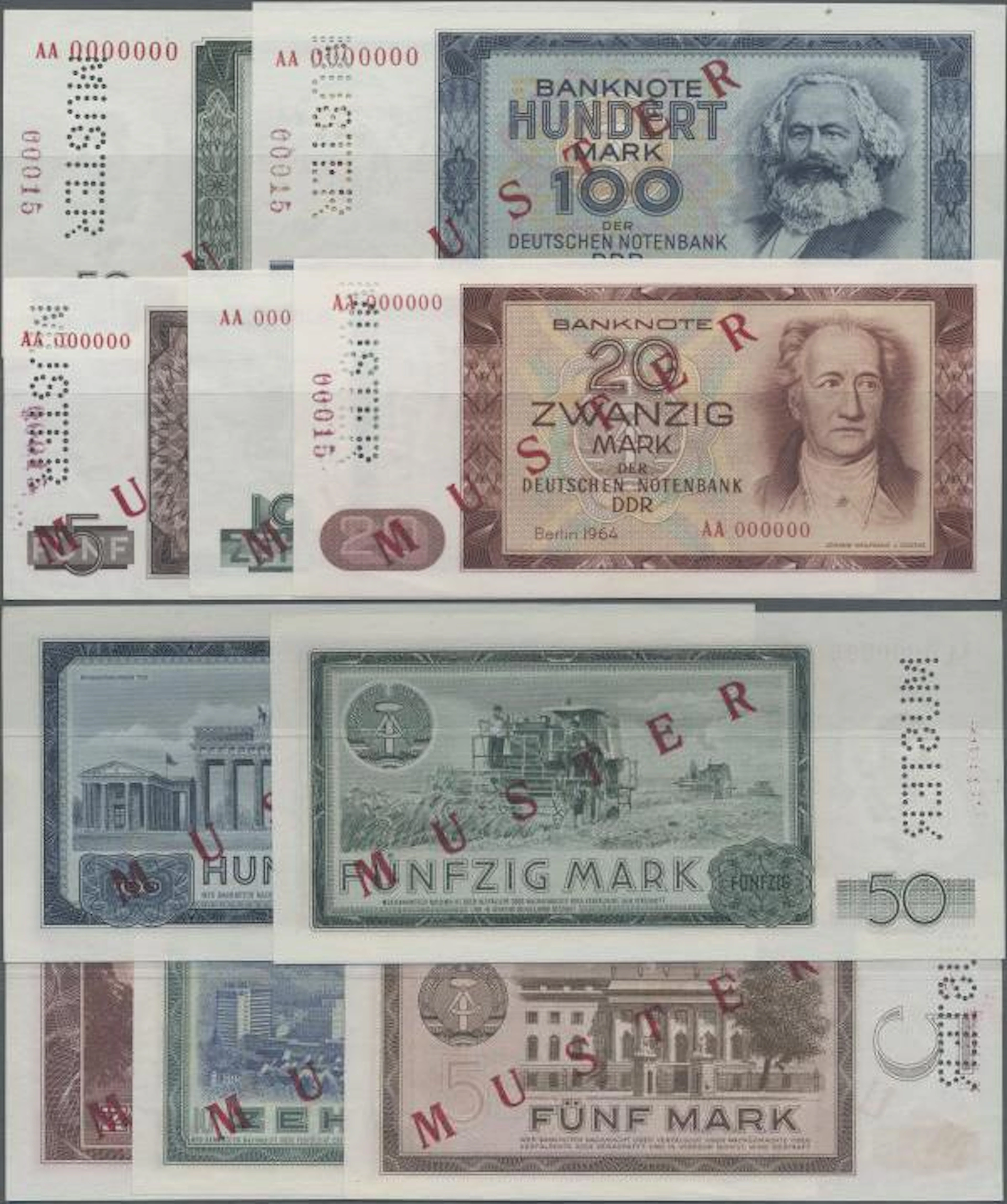 Deutschland - DDR: Mustersatz der DDR Notenbank 1964 von 5 bis 100 Mark