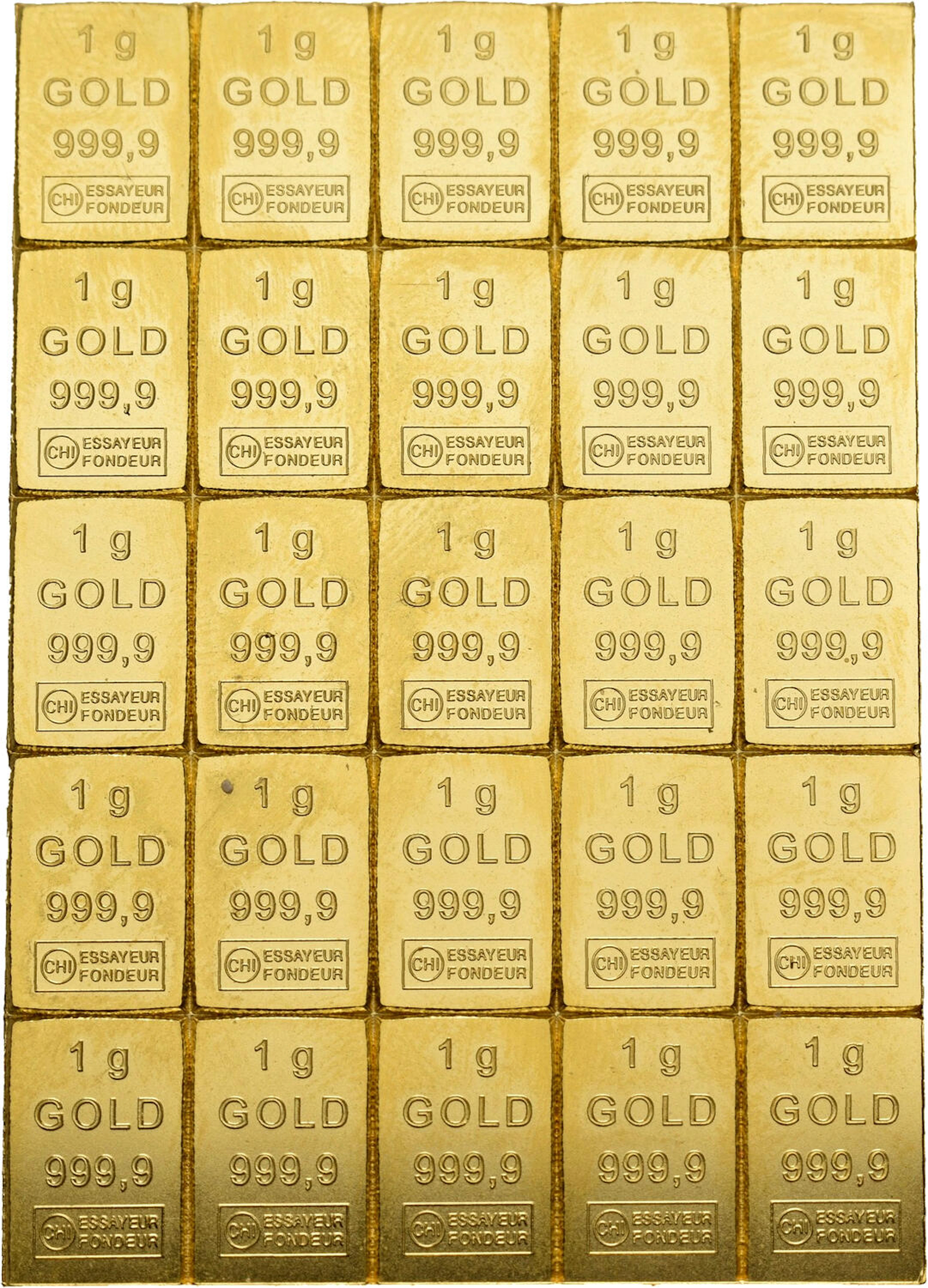 Tableta de 25 lingotes de 1 gramo de oro puro