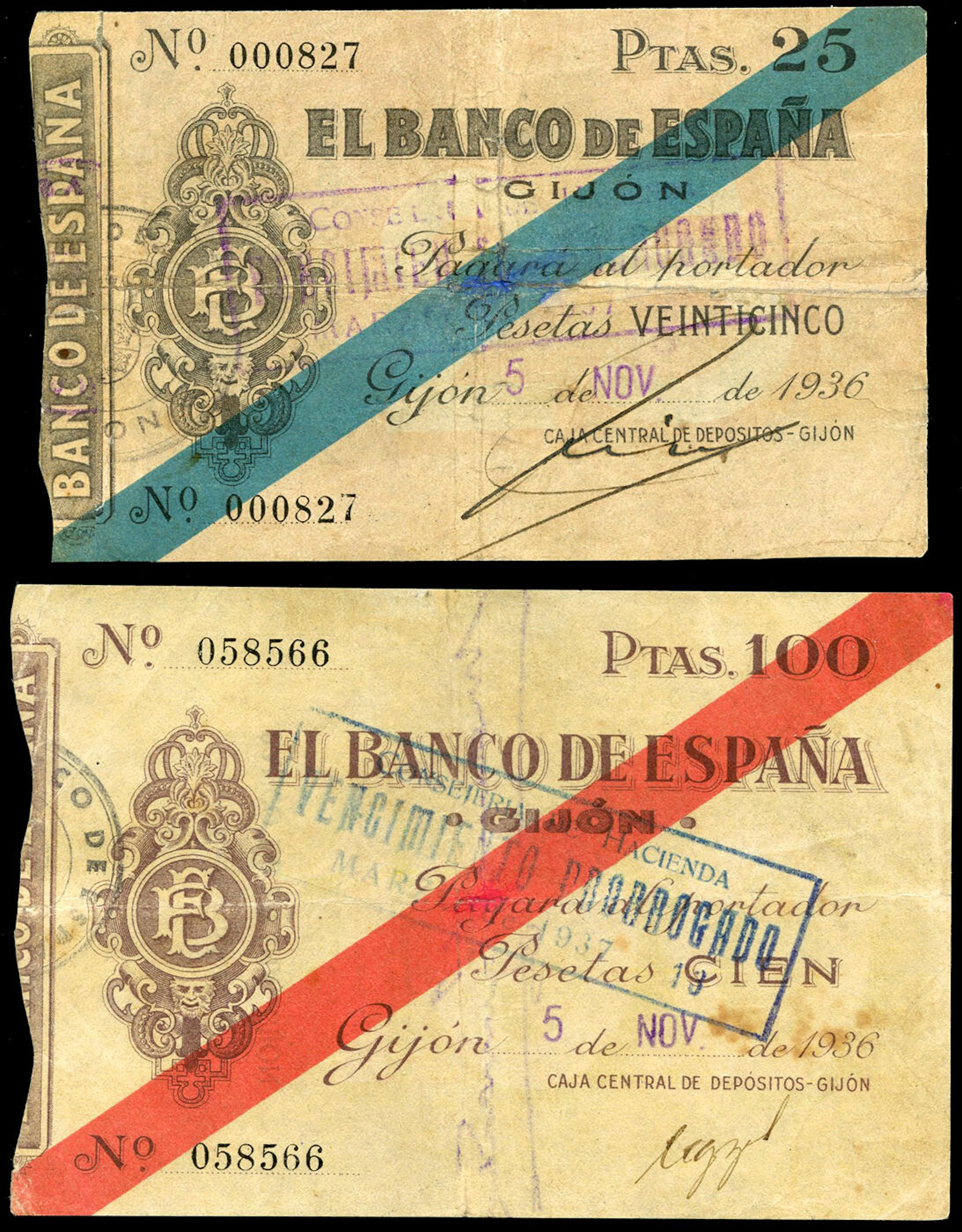 Lote de 2 billetes Banco de España Gijón; 25 pesetas (Ed...