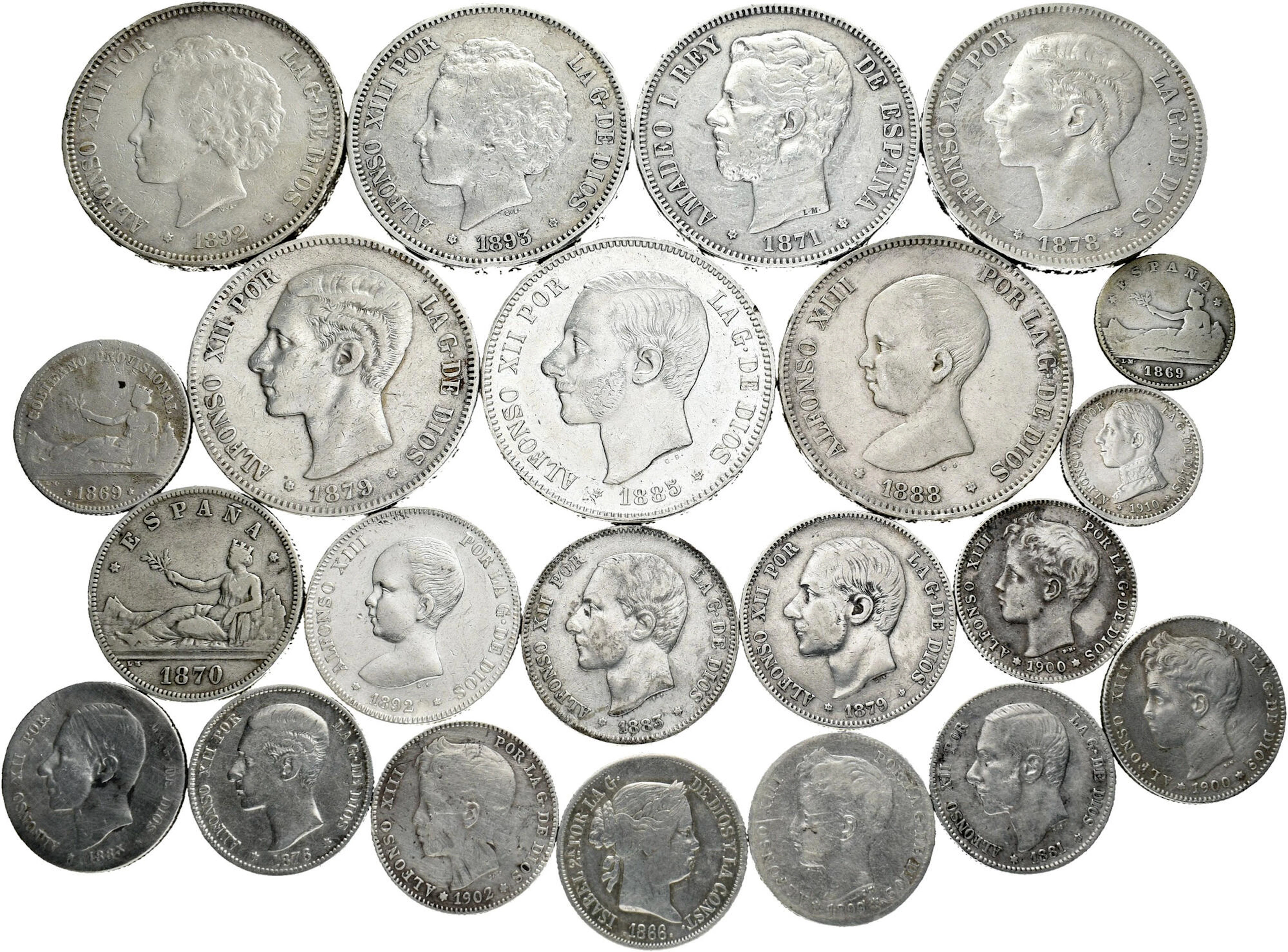 Lot of 21 monedas; 40 céntimos de escudo 1866 Madrid; 50...