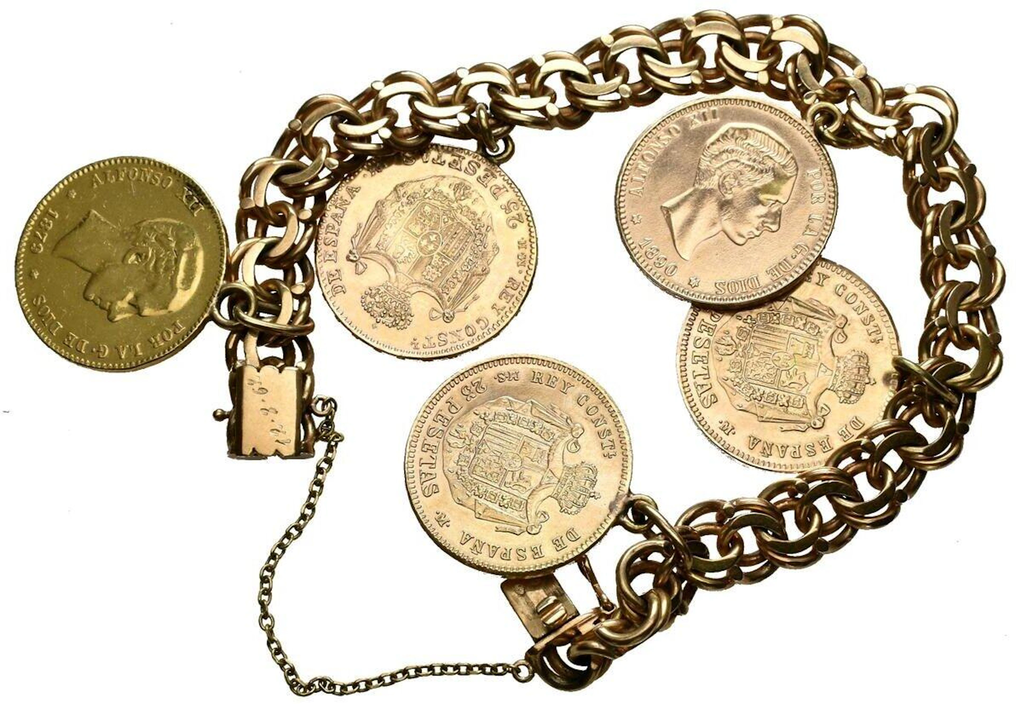Pulsera compuesta por 5 monedas alfonsinas (originales y réplicas) en oro