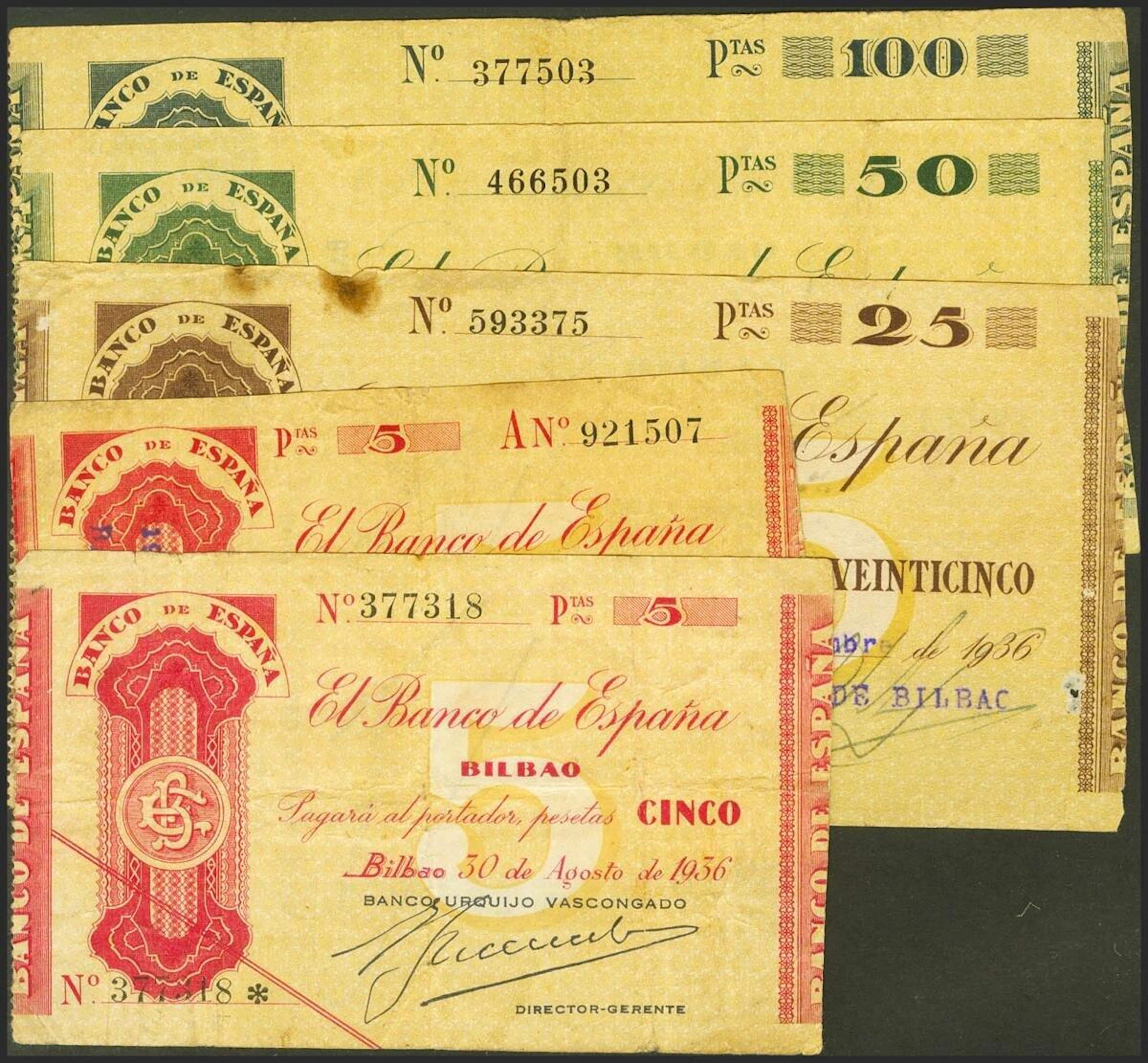 Serie completa de 4 billetes de 5 Pesetas