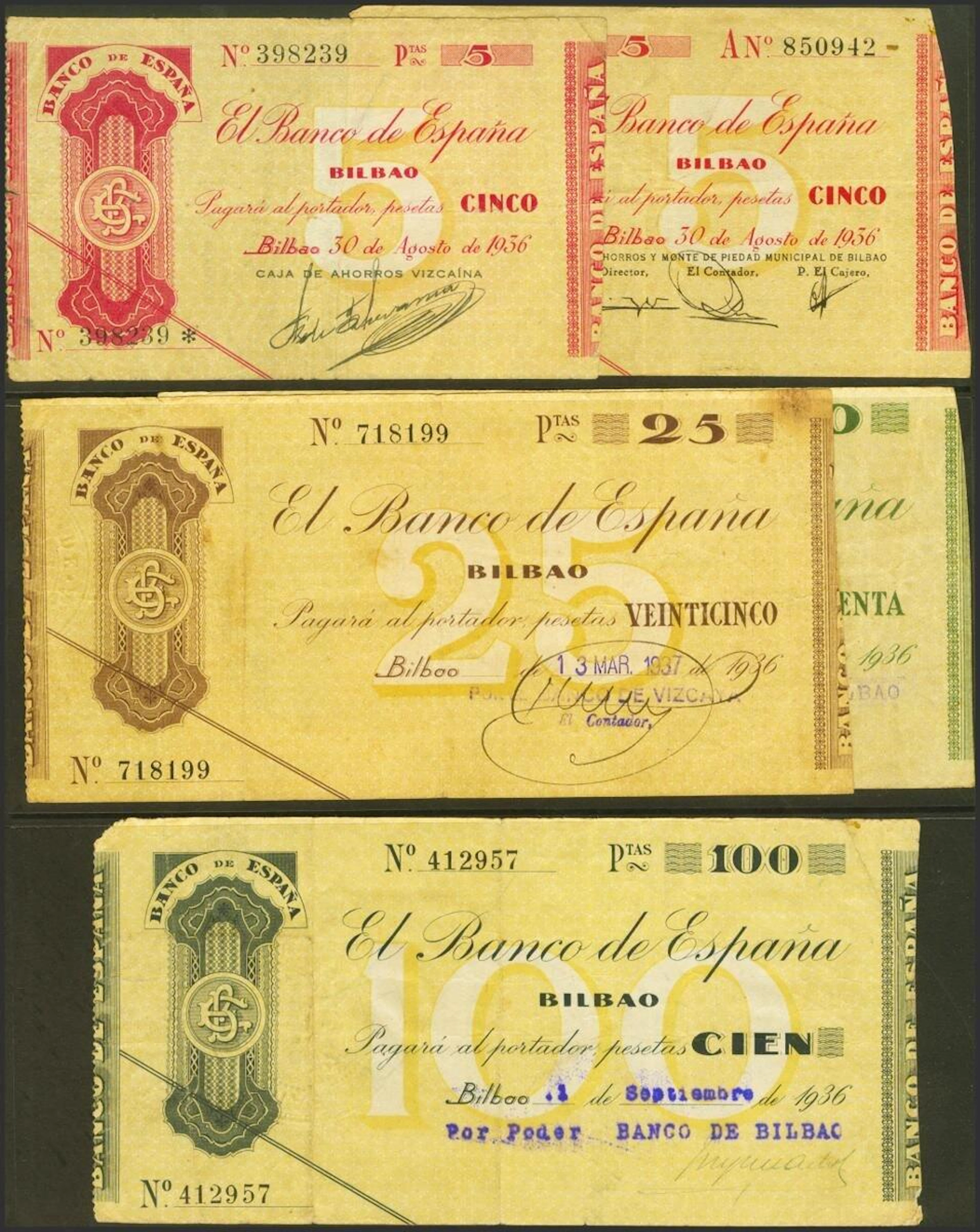 Serie completa de 4 billetes de 5 Pesetas