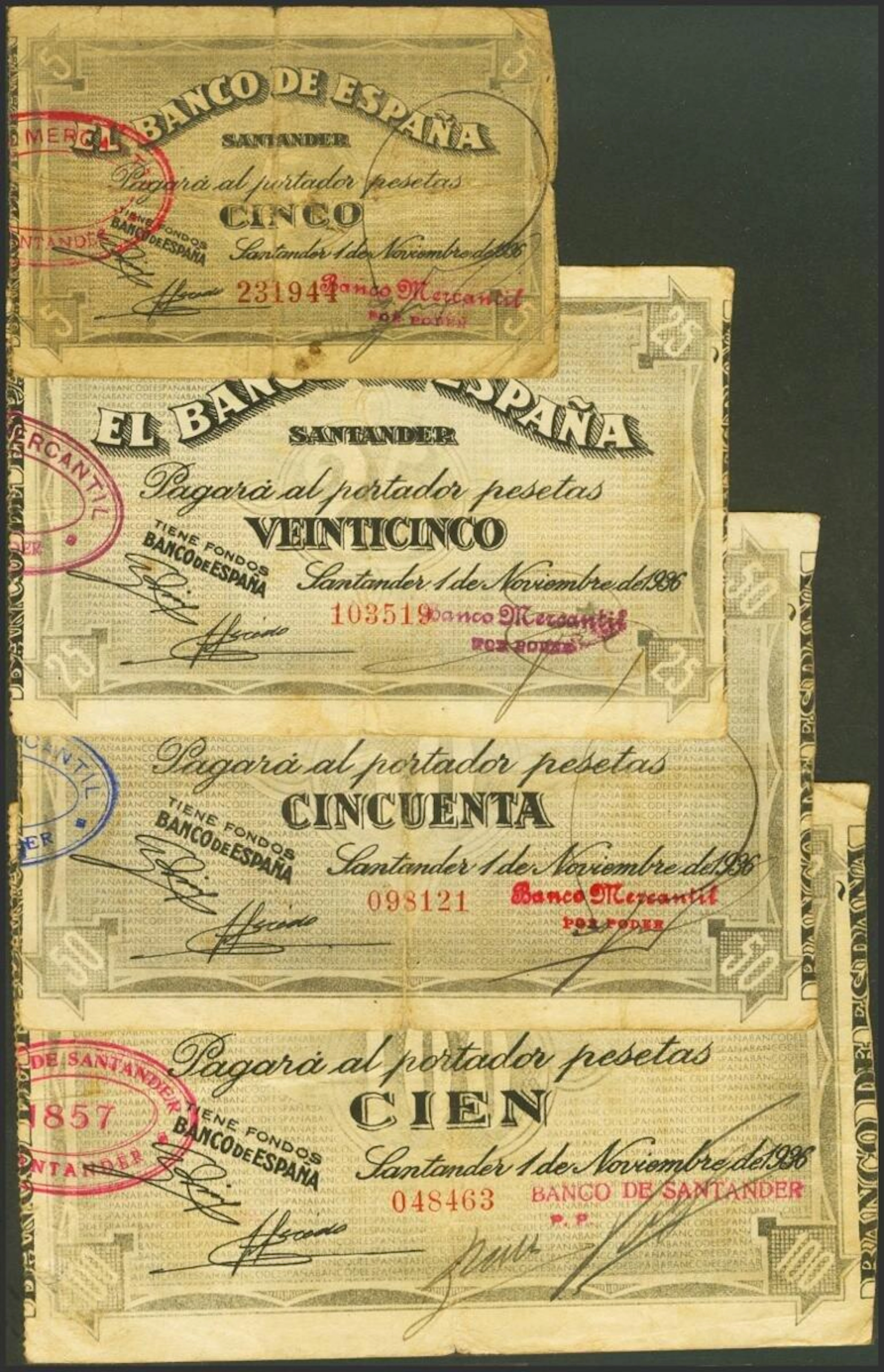 Serie de 4 billetes del Banco de España de la sucursal de Santander