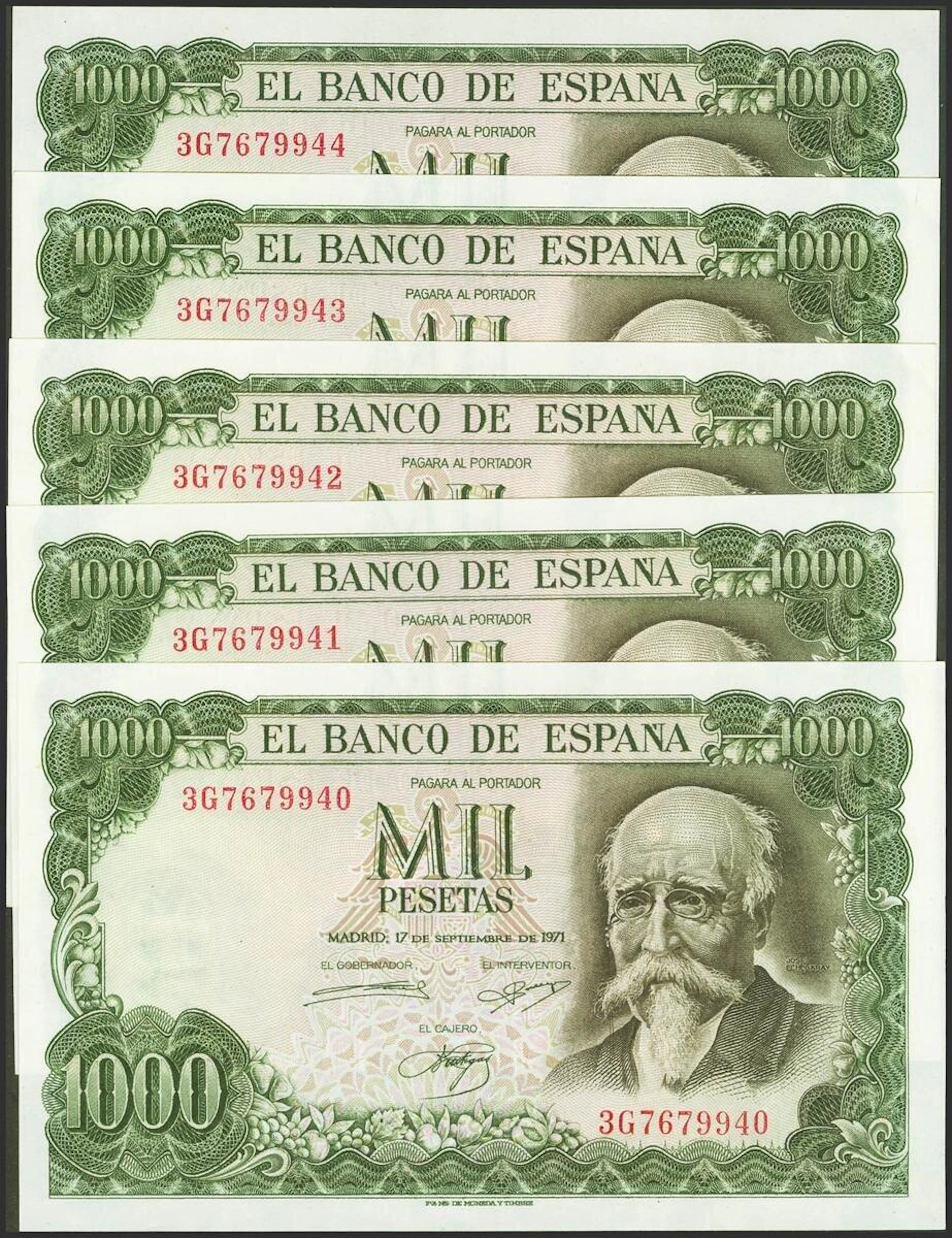 Conjunto de 5 billetes correlativos de 1000 Pesetas...