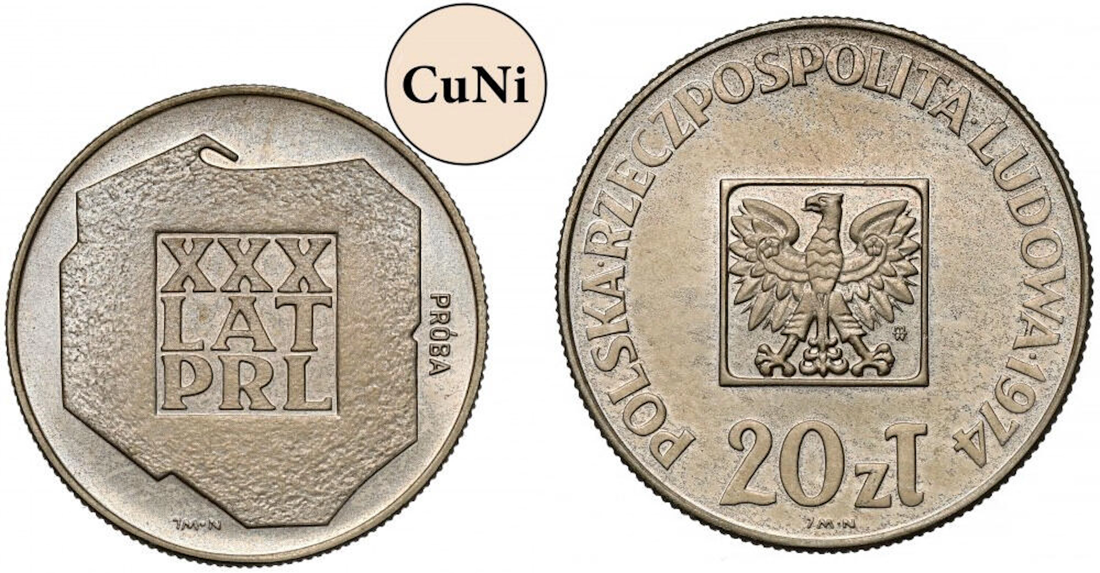 Próba MIEDZIONIKIEL 20 złotych 1974 XXX lat PRL