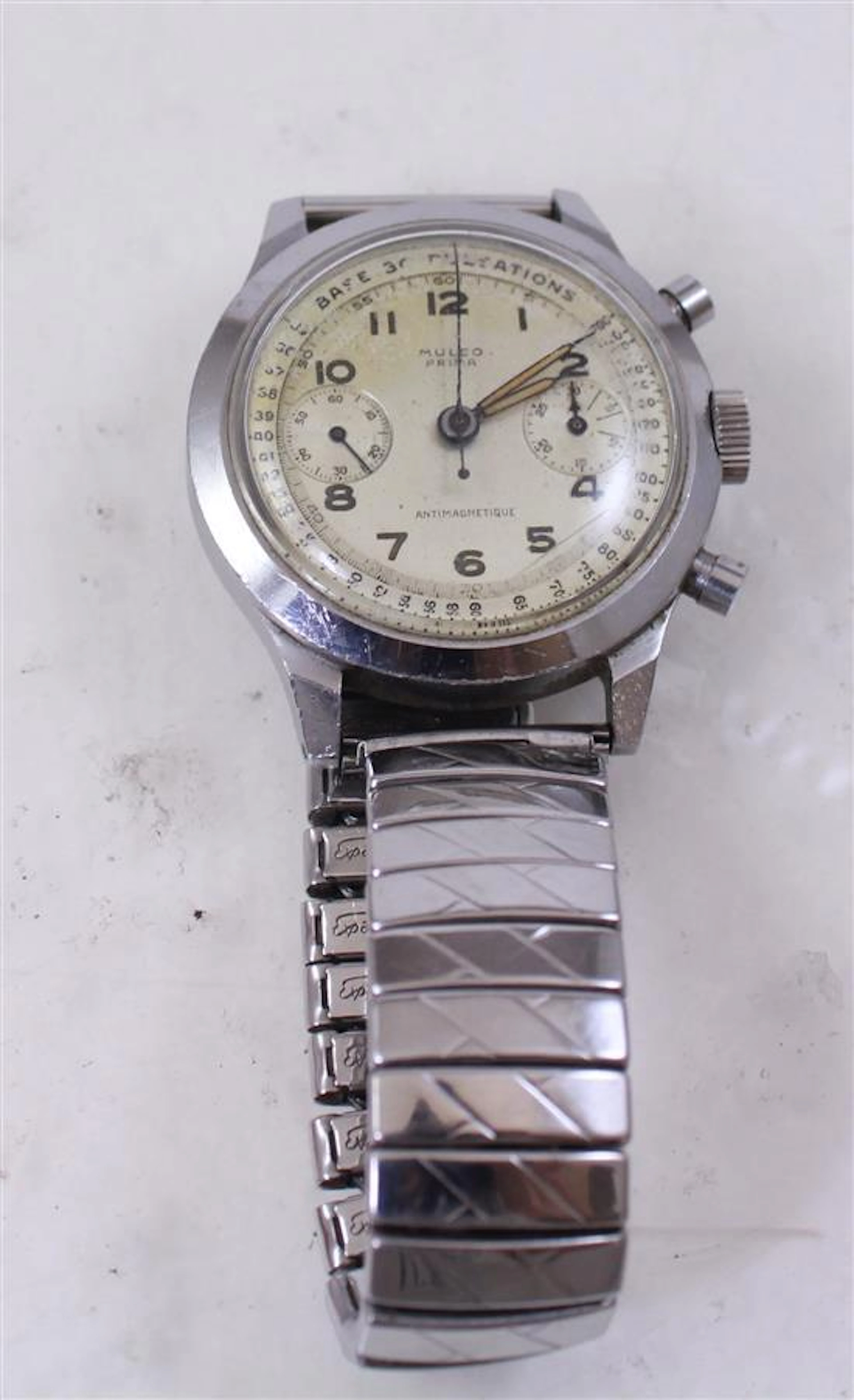 MULCO PRIMA SILVERTONE WATCH WITH STOP WATCH