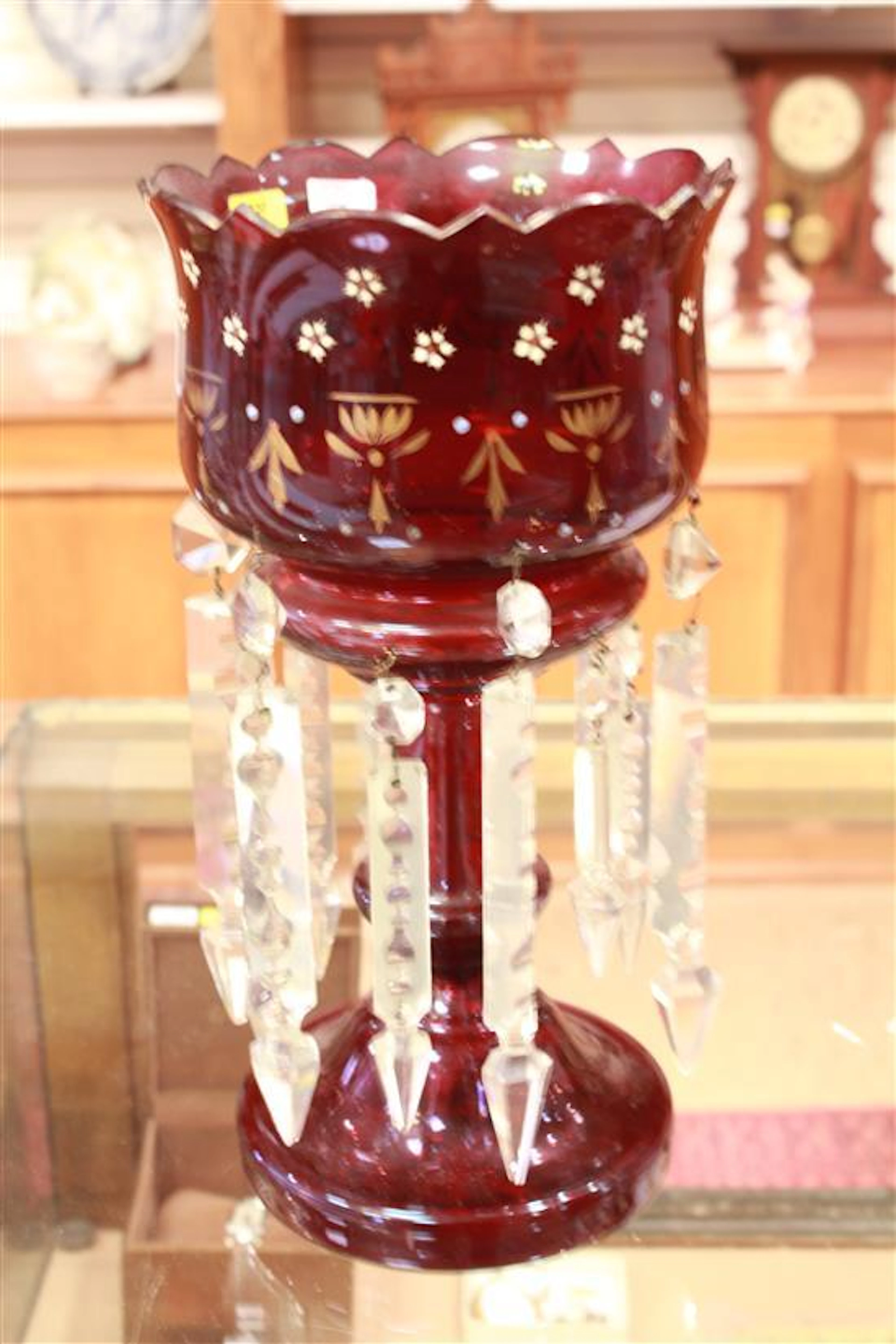RUBY GLASS GIRONDLE WITH ENAMEL DECORATION AND 2 SIZES OF PRISMS, 12.5"H