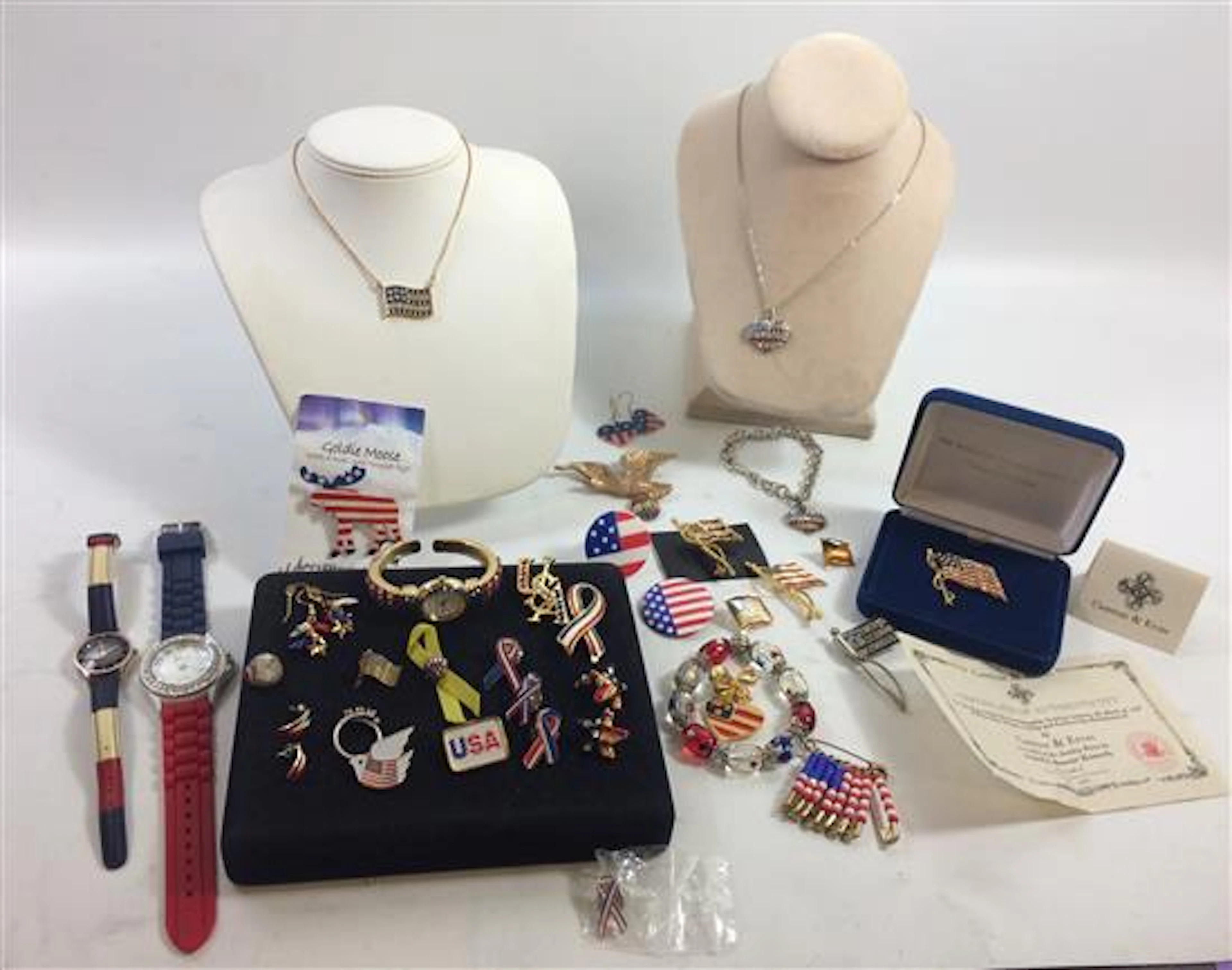 BOX LOT PATRIOTIC JEWELRY INCLUDING COLLEZIO AND GENEVA WATCHES