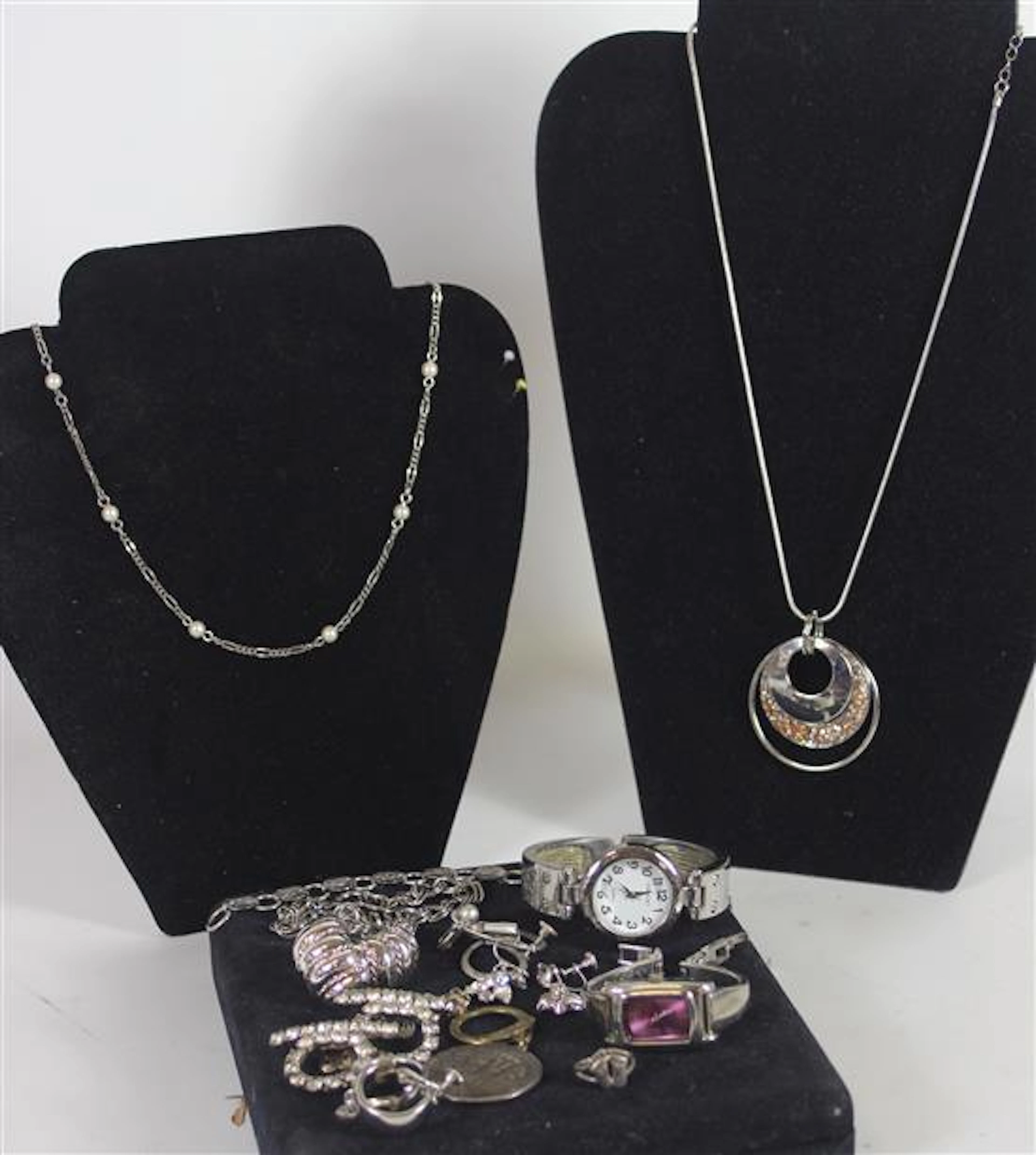 BOX LOT SILVER TONE JEWELRY INCLUDING: WATCHES FROM EMBASSY AND MINICCI
