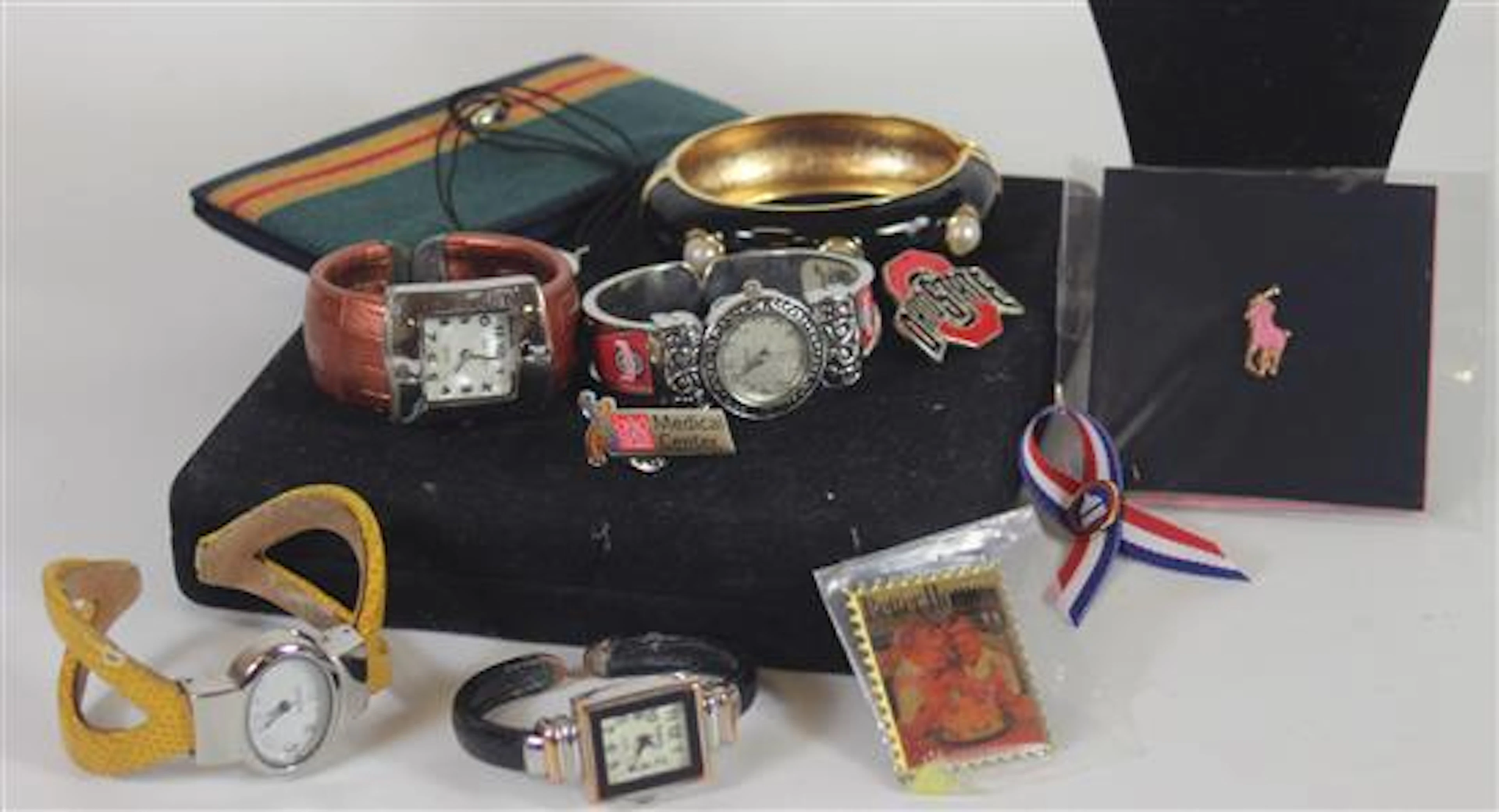 BOX LOT JEWELRY INCLUDING FOUR WATCHES FROM GENEVA SOPHIE AND ANNA LTD.