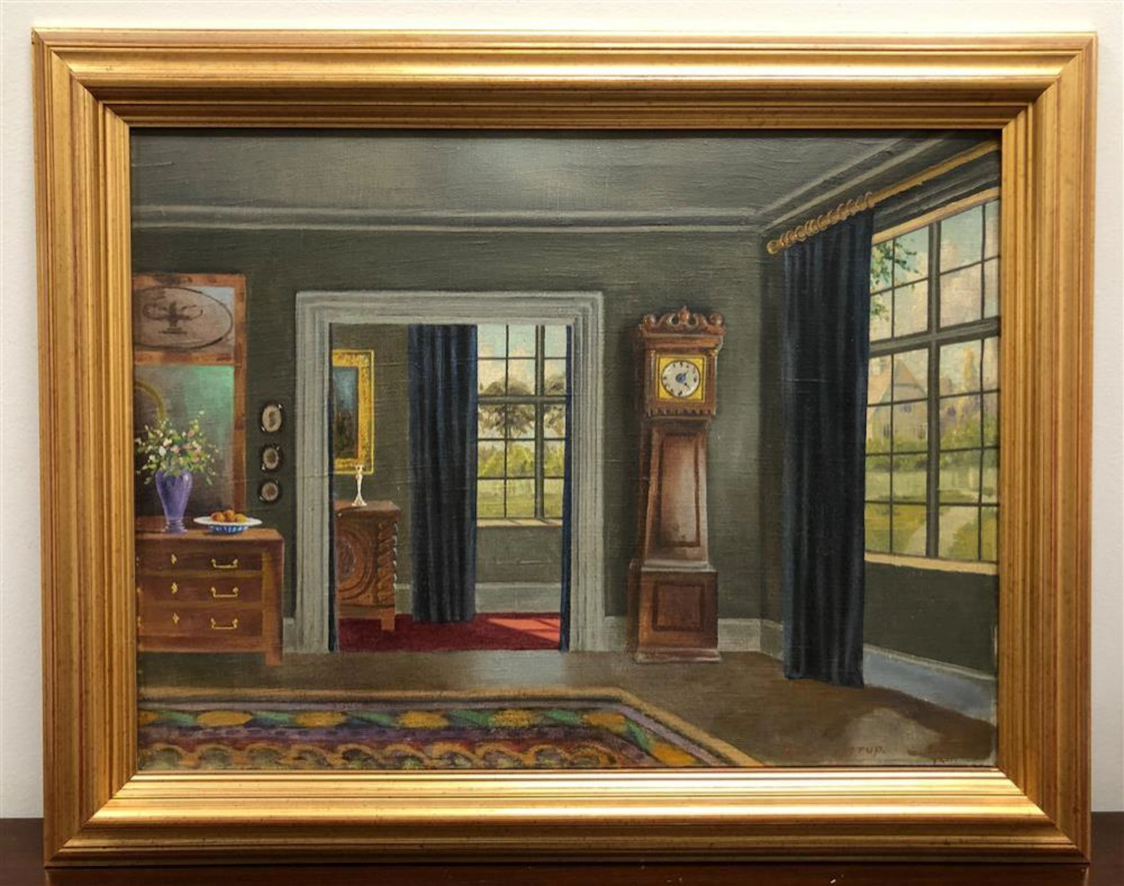 H. FRENDERUP OIL ON CANVAS INTERIOR SCENE WITH GRANDFATHER CLOCK