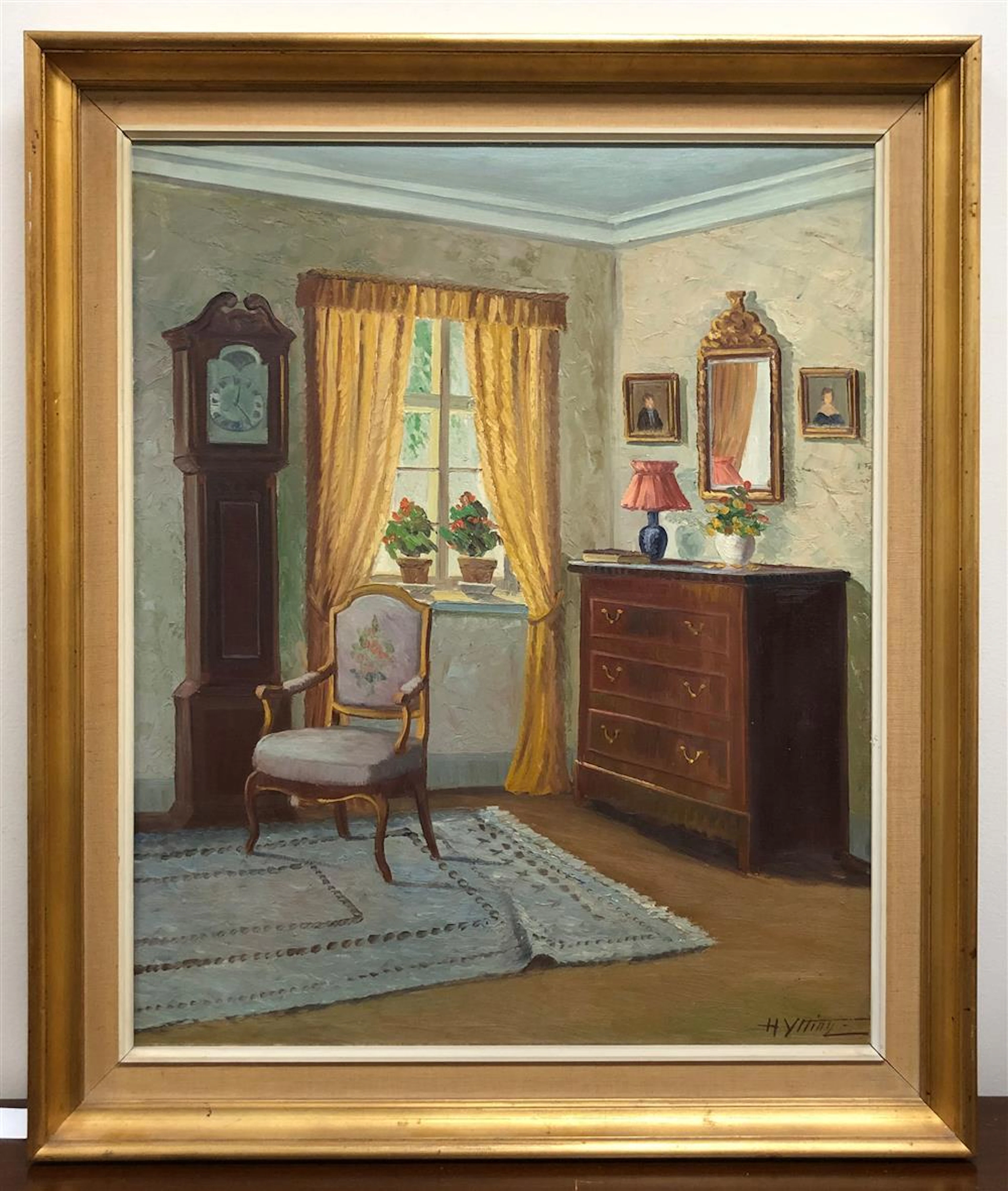 OIL ON CANVAS INTERIOR SCENE WITH GRANDFATHER CLOCK