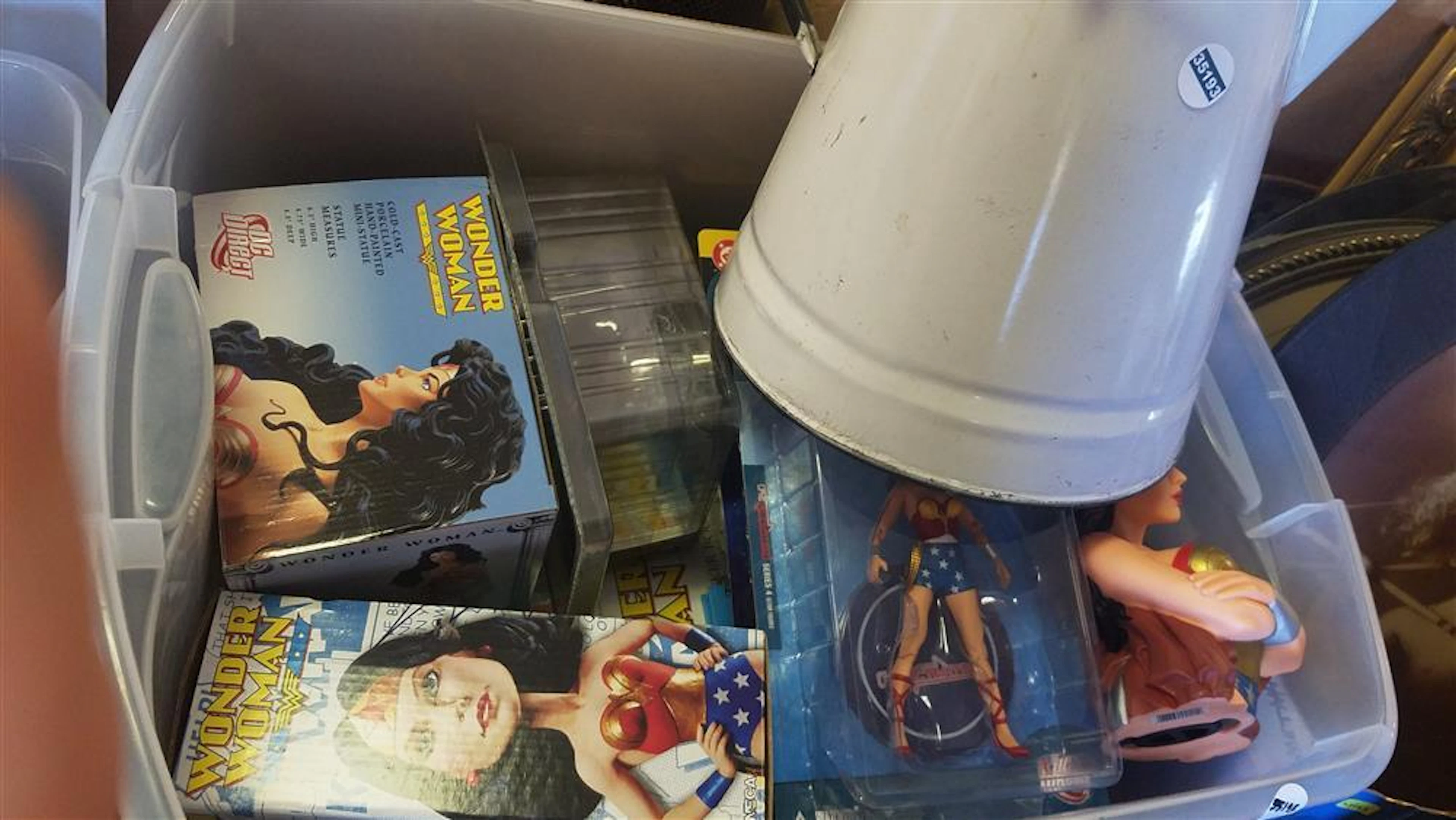 BOX LOT DC WONDER WOMAN FIGURINES, BOOKS, COMICS, METAL KETTLE