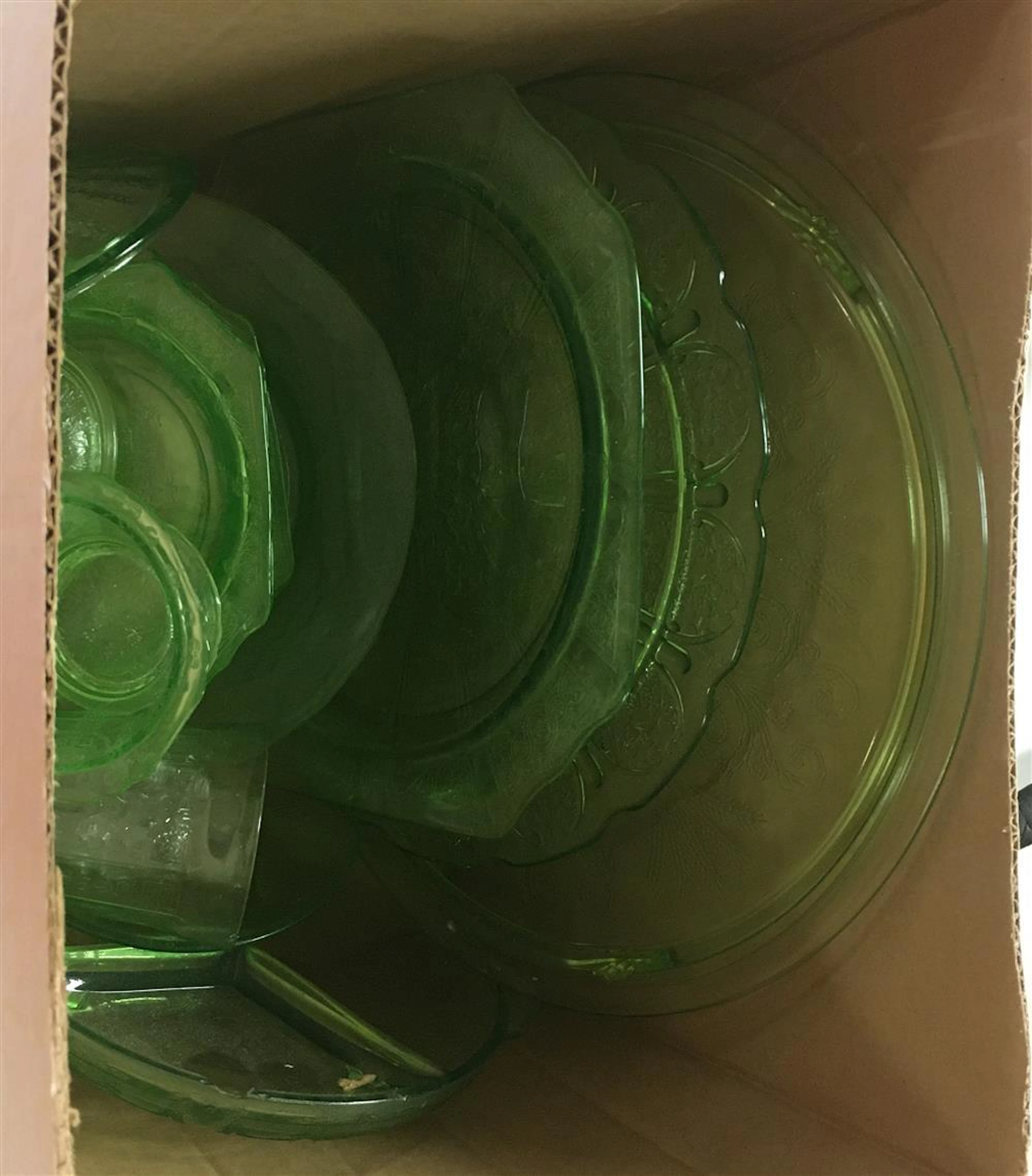BOX LOT OF DEPRESSION GREEN GLASS