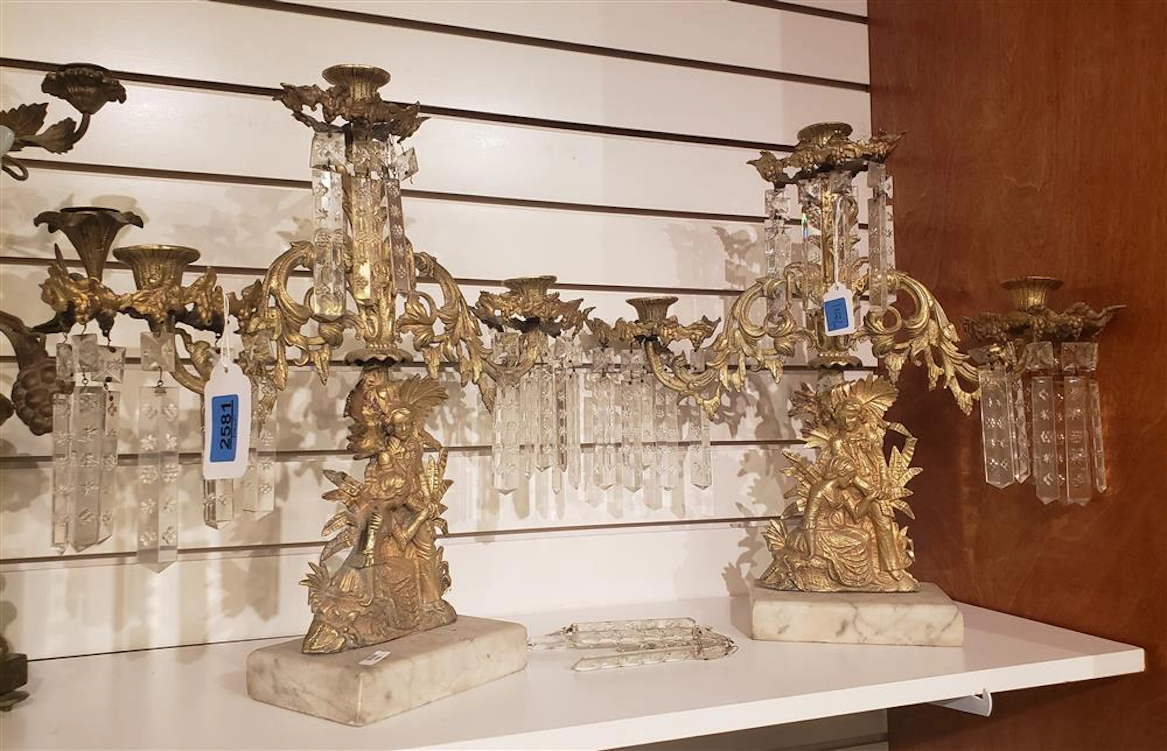 PAIR OF SPELTER 3 LIGHT CANDELABRAS WITH MARBLE BASES 17" H