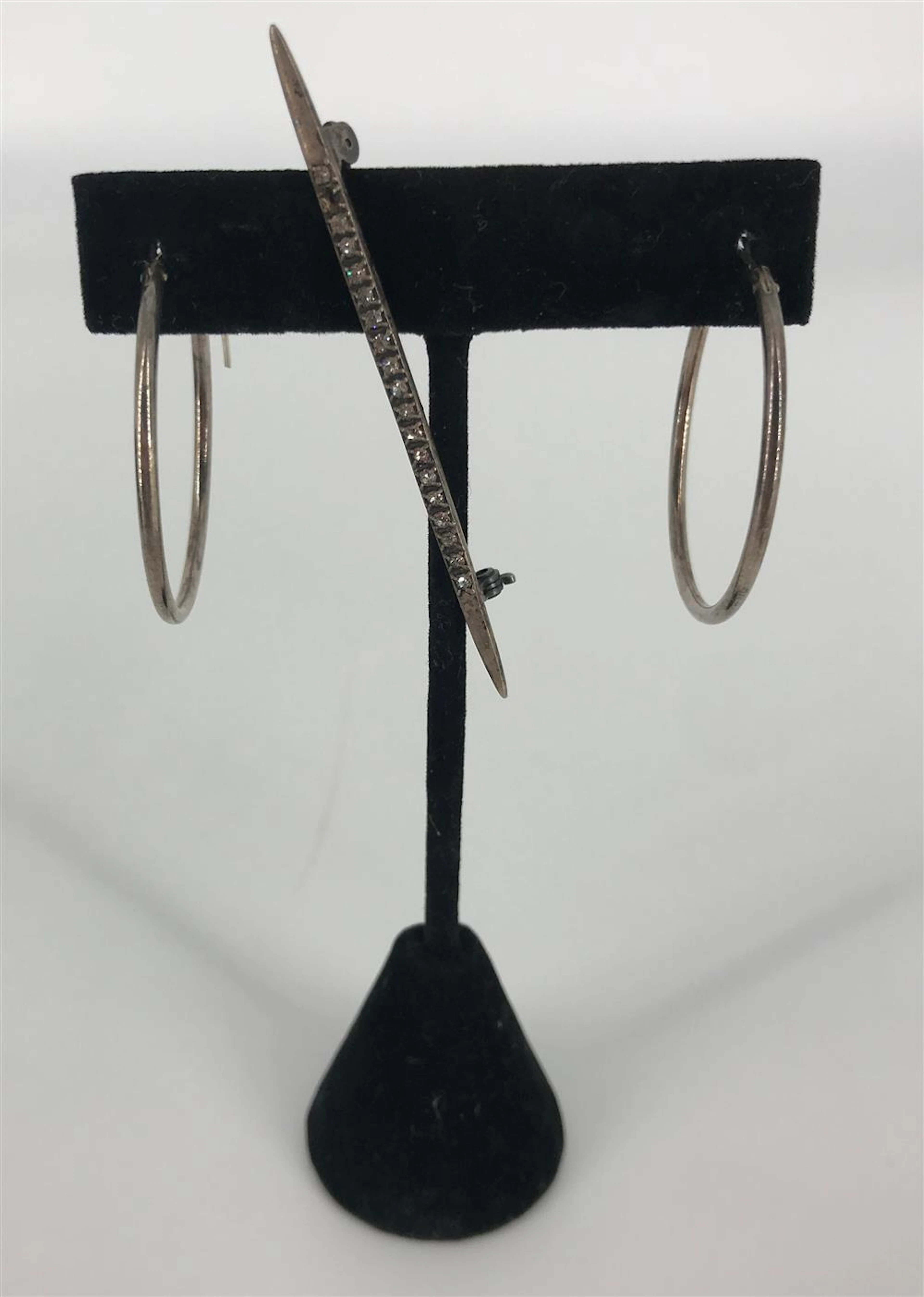 STERLING SILVER HOOP EARRINGS & DIAMOND BAR PIN~ APPROX